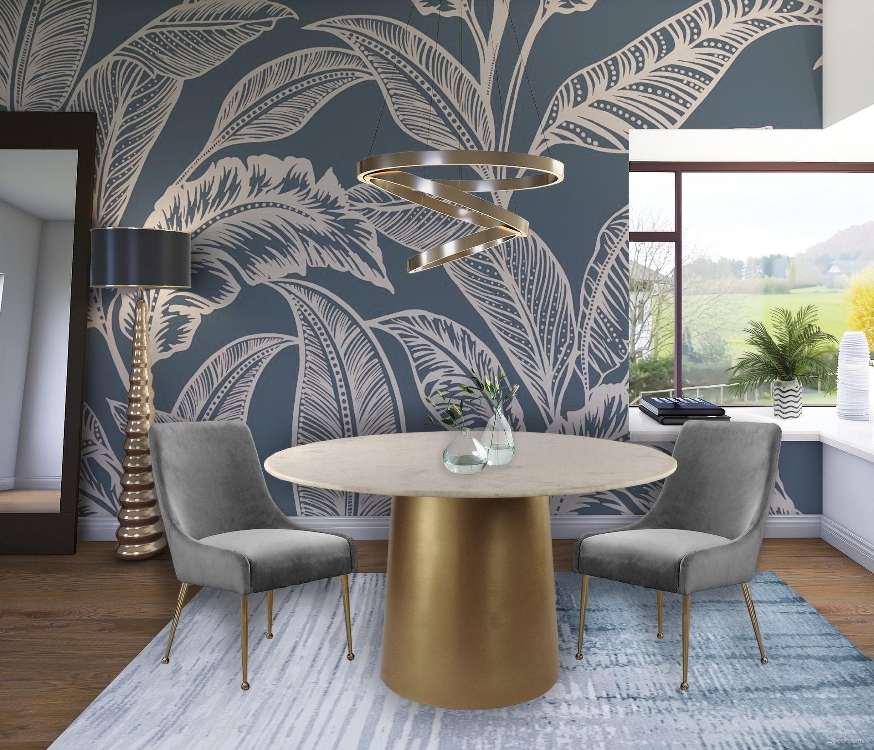 The appearance of Sorrento Dining Room Set w/ Grey Owen Chairs designed by Meridian in the modern / contemporary interior design. This gold piece of furniture was selected by 1StopBedrooms from Sorrento Collection to add a touch of cosiness and style into your home. Sku: 727-T Box 1/2 (Marble Top);727-T Box 2/2 (Base);744Grey. Table Base Style: Pedestal. Table Top Shape: Round. Material: Marble. Size: 50".