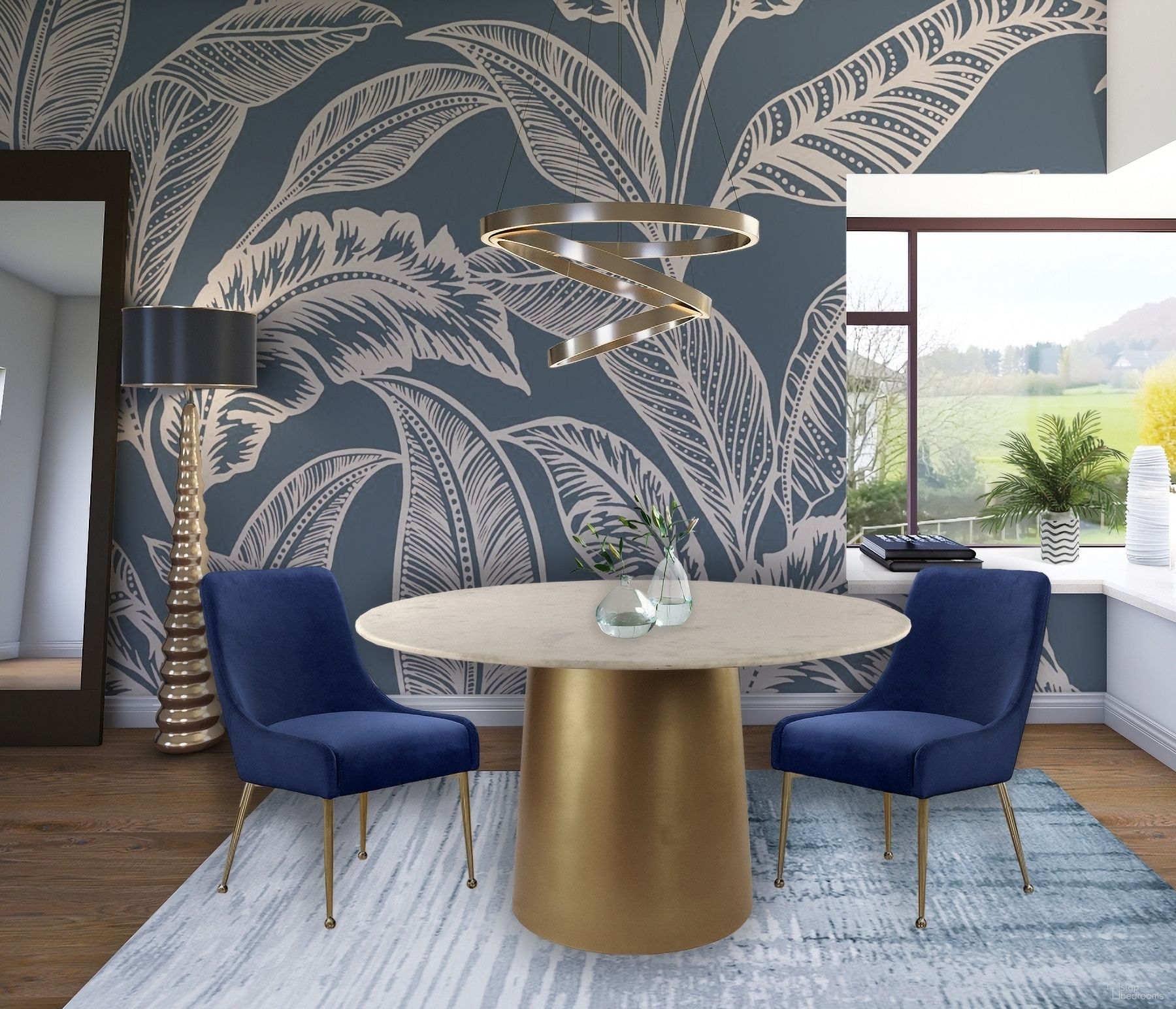 The appearance of Sorrento Dining Room Set w/ Navy Owen Chairs designed by Meridian in the modern / contemporary interior design. This navy piece of furniture was selected by 1StopBedrooms from Sorrento Collection to add a touch of cosiness and style into your home. Sku: 727-T Box 1/2 (Marble Top);727-T Box 2/2 (Base);744Navy. Table Base Style: Pedestal. Table Top Shape: Round. Material: Marble. Size: 50".