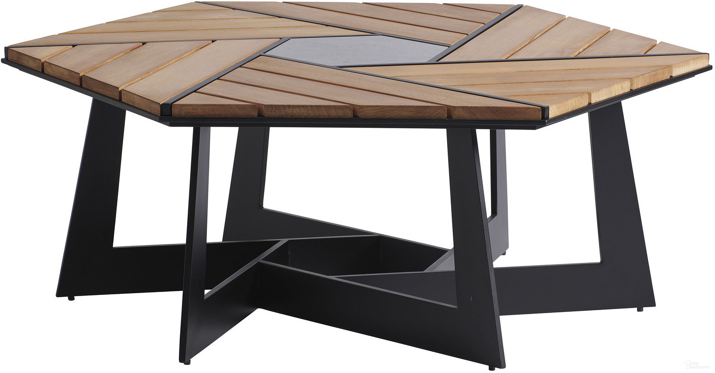 The appearance of South Beach Hexagonal Cocktail Table In Obsidian designed by Tommy Bahama in the modern / contemporary interior design. This obsidian piece of furniture  was selected by 1StopBedrooms from South Beach Collection to add a touch of cosiness and style into your home. Sku: 3940-947. Material: Aluminum.