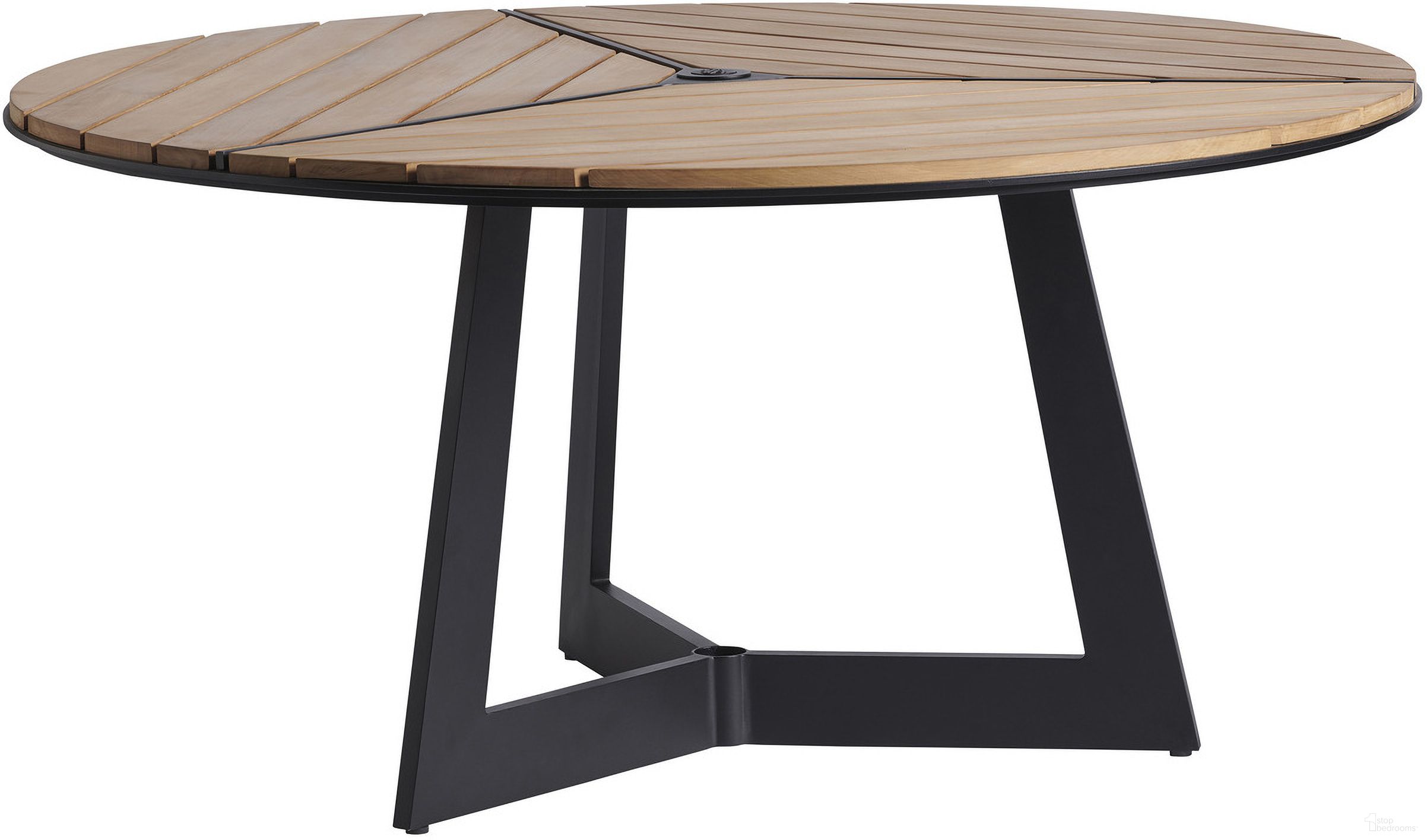 The appearance of South Beach Round Dining Table In Obsidian designed by Tommy Bahama in the transitional interior design. This obsidian piece of furniture was selected by 1StopBedrooms from South Beach Collection to add a touch of cosiness and style into your home. Sku: 3940-875C. Table Base Style: Trestle. Table Top Shape: Round. Material: Aluminum.