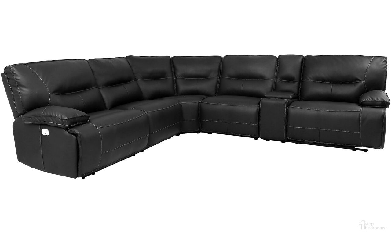 The appearance of Spartacus Black 6 Piece Modular Power Reclining Sectional With Power Headrests And Console With Usb Popup designed by Parker House in the transitional interior design. This black piece of furniture was selected by 1StopBedrooms from Spartacus Collection to add a touch of cosiness and style into your home. Sku: MSPA#810-BLC;MSPA#811LPH-BLC;MSPA#811RPH-BLC;MSPA#840-BLC;MSPA#850-BLC;MSPA#860-BLC. Material: Polyester. Layout: L-Shape.