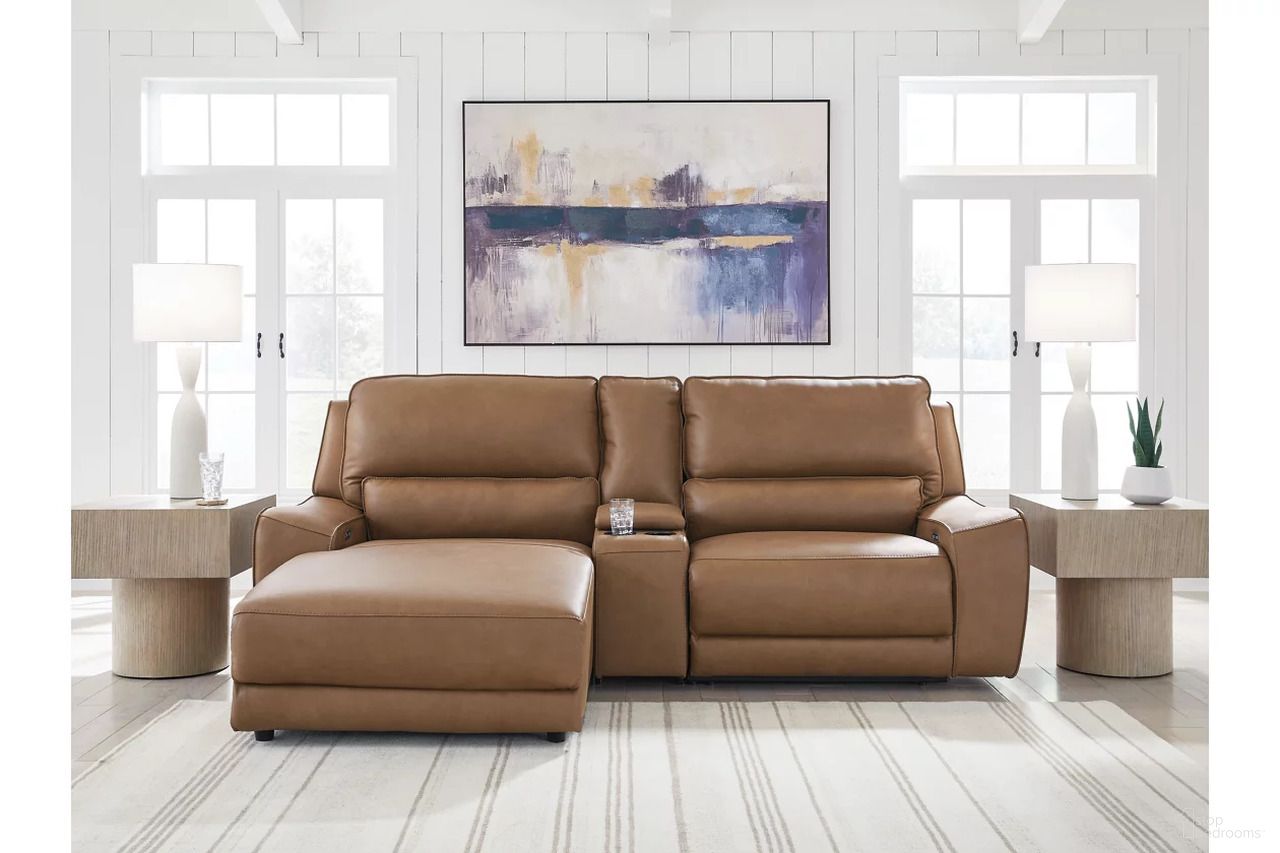 The appearance of Spear Hill 3-Piece LAF Power Reclining Sectional with Chaise In Caramel designed by Signature Design by Ashley in the modern / contemporary interior design. This caramel piece of furniture  was selected by 1StopBedrooms from Spear Hill Collection to add a touch of cosiness and style into your home. Sku: NCU6260657;NCU6260662;NCU6260679. Material: Leather. Orientation: LAF. Layout: LAF.