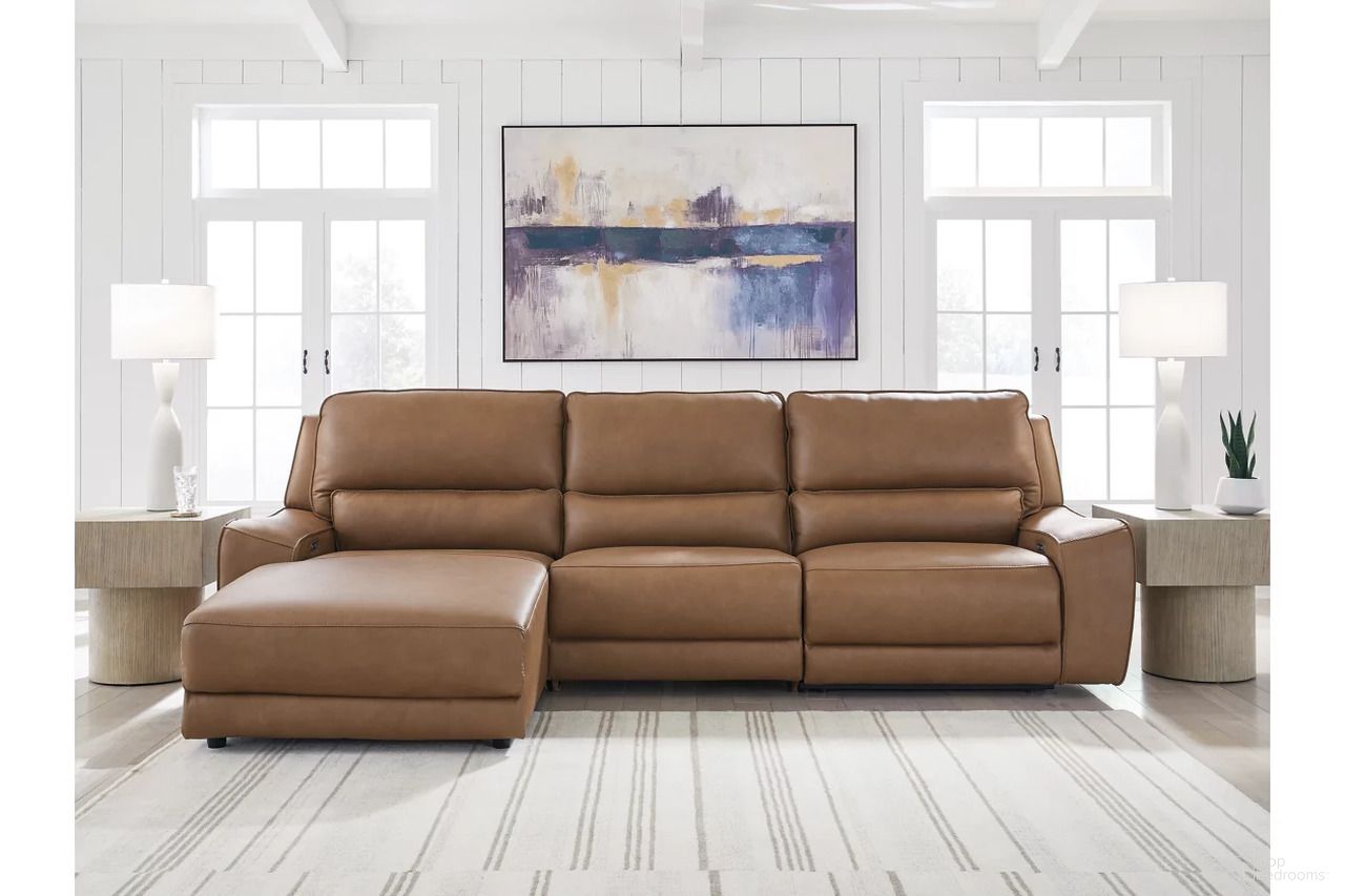 The appearance of Spear Hill 3-Piece LAF Reclining Sofa Chaise In Caramel designed by Signature Design by Ashley in the modern / contemporary interior design. This caramel piece of furniture  was selected by 1StopBedrooms from Spear Hill Collection to add a touch of cosiness and style into your home. Sku: NCU6260646;NCU6260662;NCU6260679. Material: Leather. Orientation: LAF. Layout: LAF.