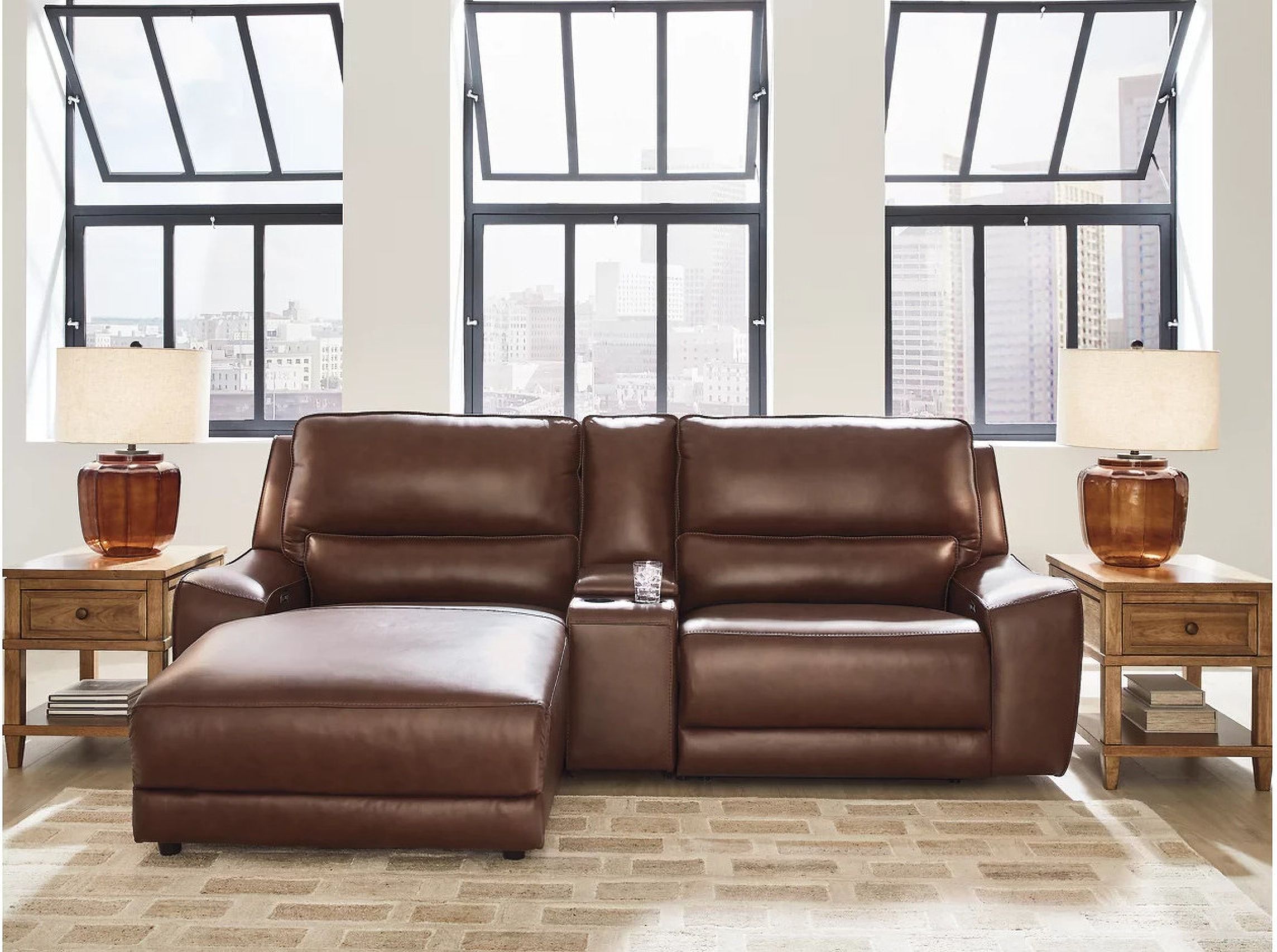 The appearance of Spear Hill 3-Piece Power Reclining Sectional with LAF Chaise In Canyon designed by Signature Design by Ashley in the modern / contemporary interior design. This canyon piece of furniture  was selected by 1StopBedrooms from Spear Hill Collection to add a touch of cosiness and style into your home. Sku: NCU6260779;NCU6260757;NCU6260762. Material: Leather. Layout: LAF.
