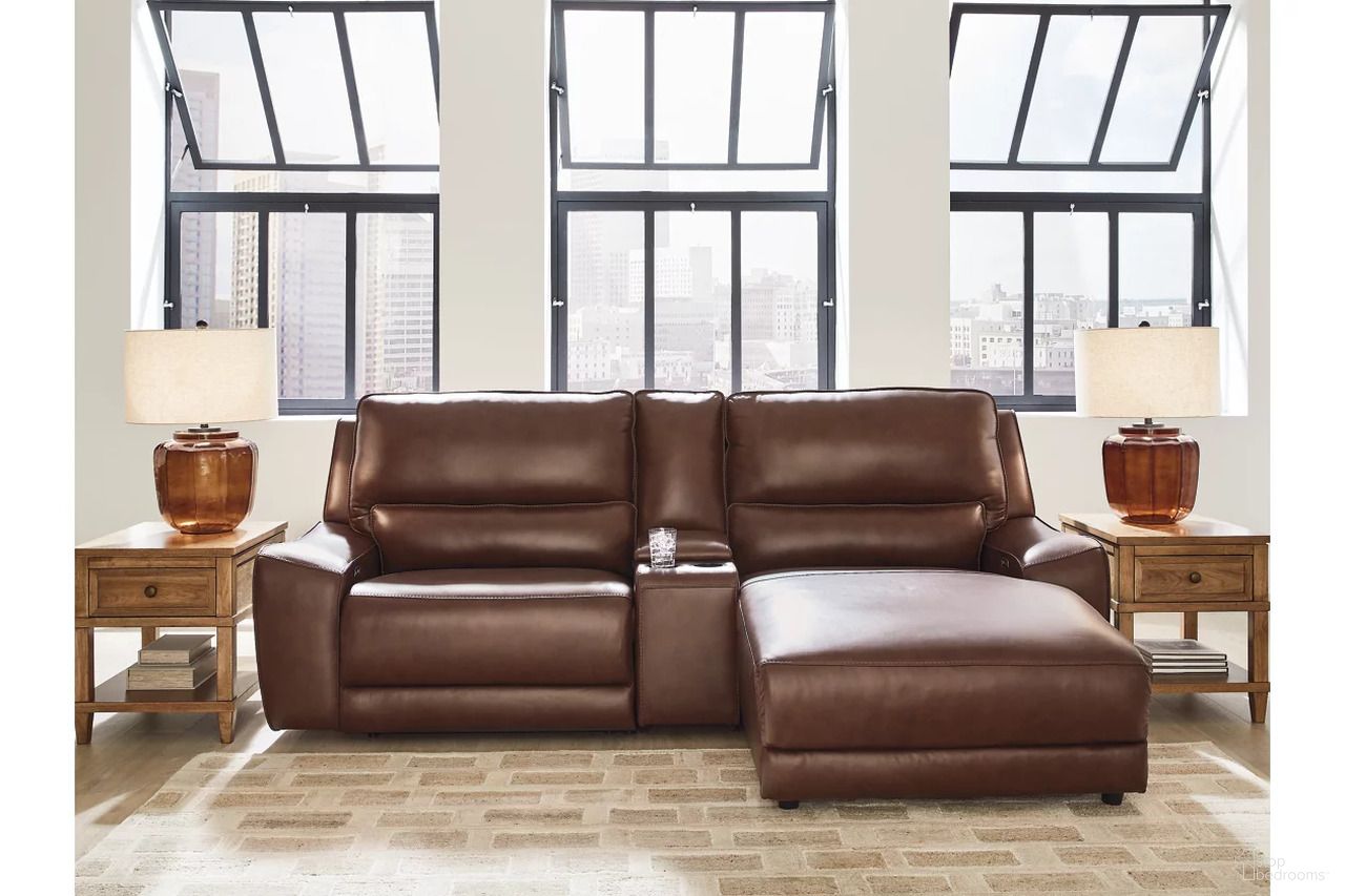 The appearance of Spear Hill 3-Piece Power Reclining Sectional with RAF Chaise In Canyon designed by Signature Design by Ashley in the modern / contemporary interior design. This canyon piece of furniture  was selected by 1StopBedrooms from Spear Hill Collection to add a touch of cosiness and style into your home. Sku: NCU6260758;NCU6260757;NCU6260797. Material: Leather. Layout: RAF.