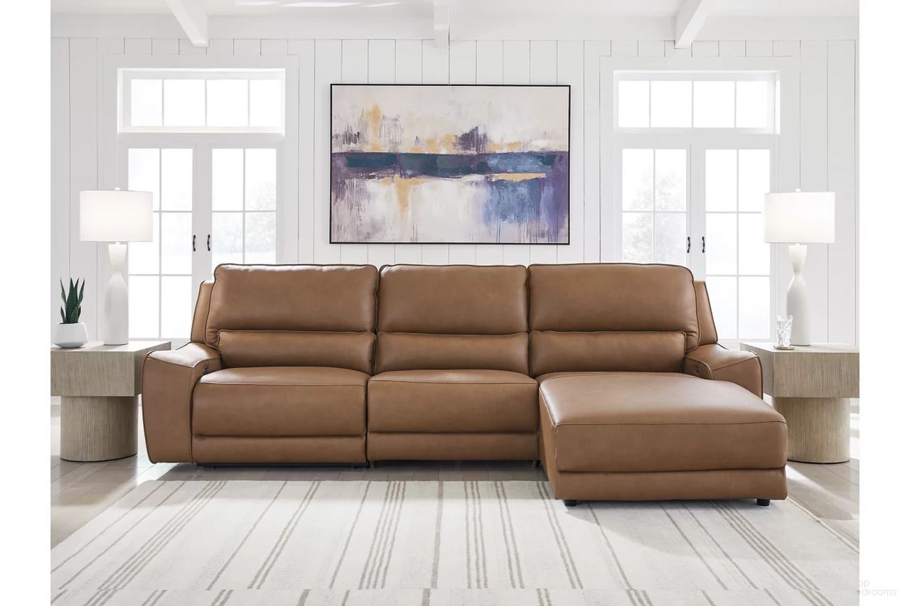 The appearance of Spear Hill 3-Piece RAF Reclining Sofa Chaise In Caramel designed by Signature Design by Ashley in the modern / contemporary interior design. This caramel piece of furniture  was selected by 1StopBedrooms from Spear Hill Collection to add a touch of cosiness and style into your home. Sku: NCU6260646;NCU6260658;NCU6260697. Material: Leather. Orientation: RAF. Layout: RAF.