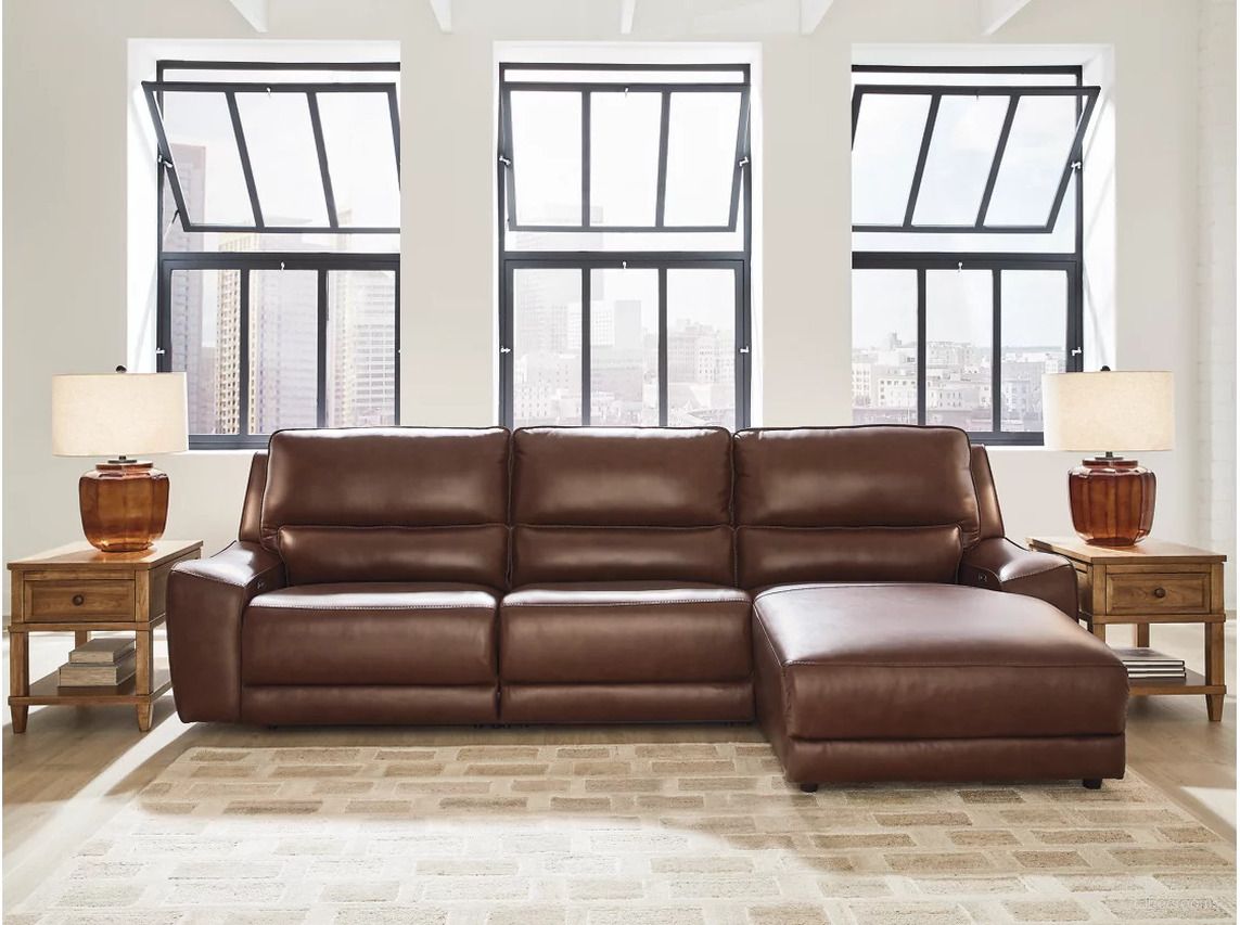 The appearance of Spear Hill 3-Piece Reclining Sofa Chaise In Canyon designed by Signature Design by Ashley in the modern / contemporary interior design. This canyon piece of furniture  was selected by 1StopBedrooms from Spear Hill Collection to add a touch of cosiness and style into your home. Sku: NCU6260746;NCU6260758;NCU6260797. Material: Leather. Layout: RAF.