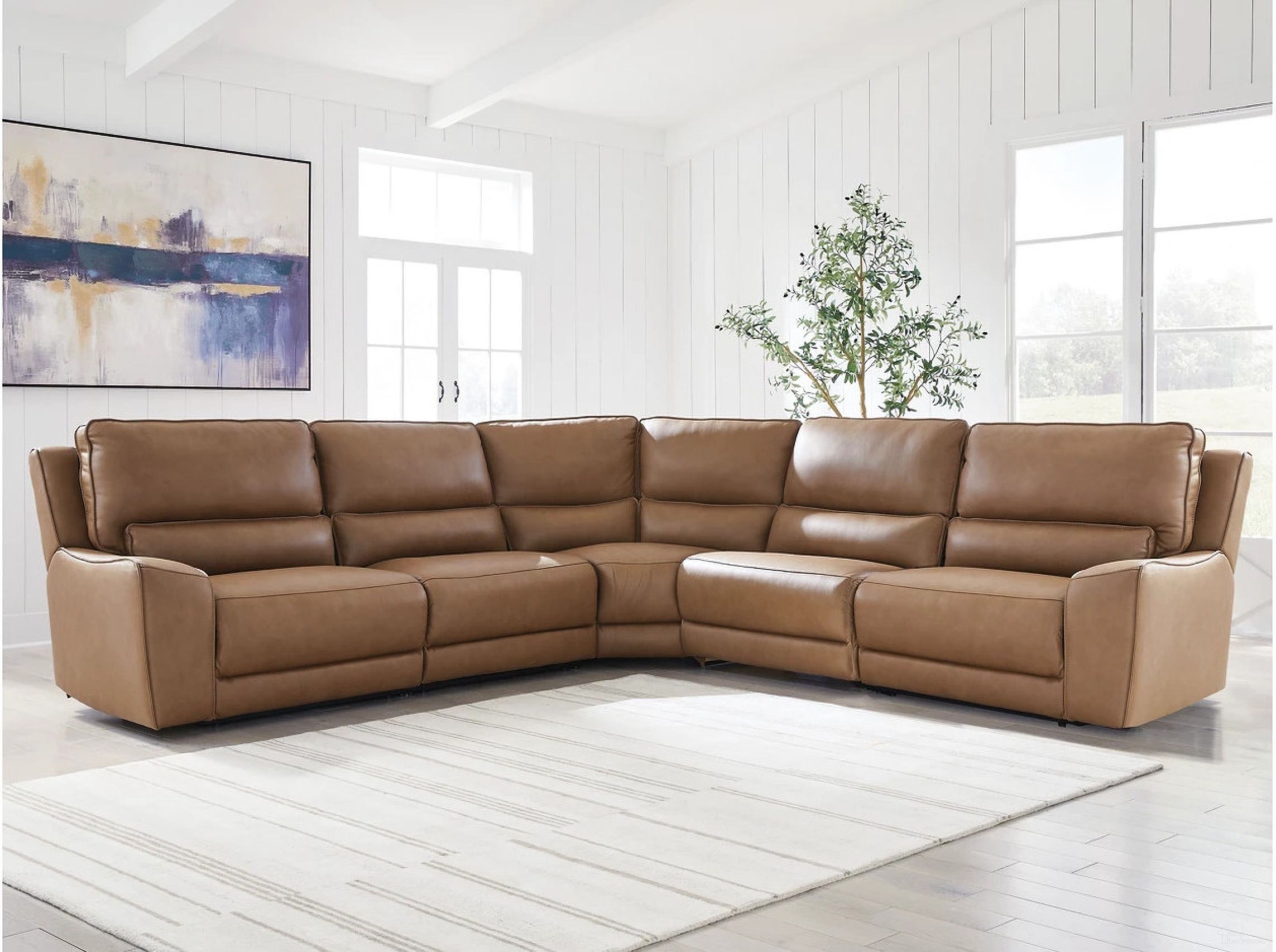 The appearance of Spear Hill 5-Piece Power Reclining Sectional In Caramel designed by Signature Design by Ashley in the modern / contemporary interior design. This caramel piece of furniture  was selected by 1StopBedrooms from Spear Hill Collection to add a touch of cosiness and style into your home. Sku: NCU6260631;NCU6260646;NCU6260658;NCU6260662;NCU6260677. Material: Leather. Layout: L-Shape.