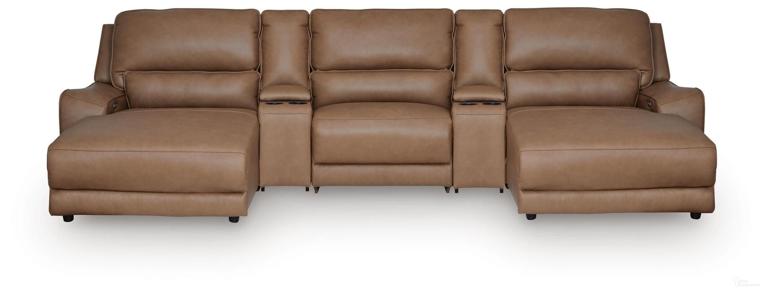 Spear Hill 5-Piece Reclining Sectional with Double Chaise and Storage Consoles In Caramel