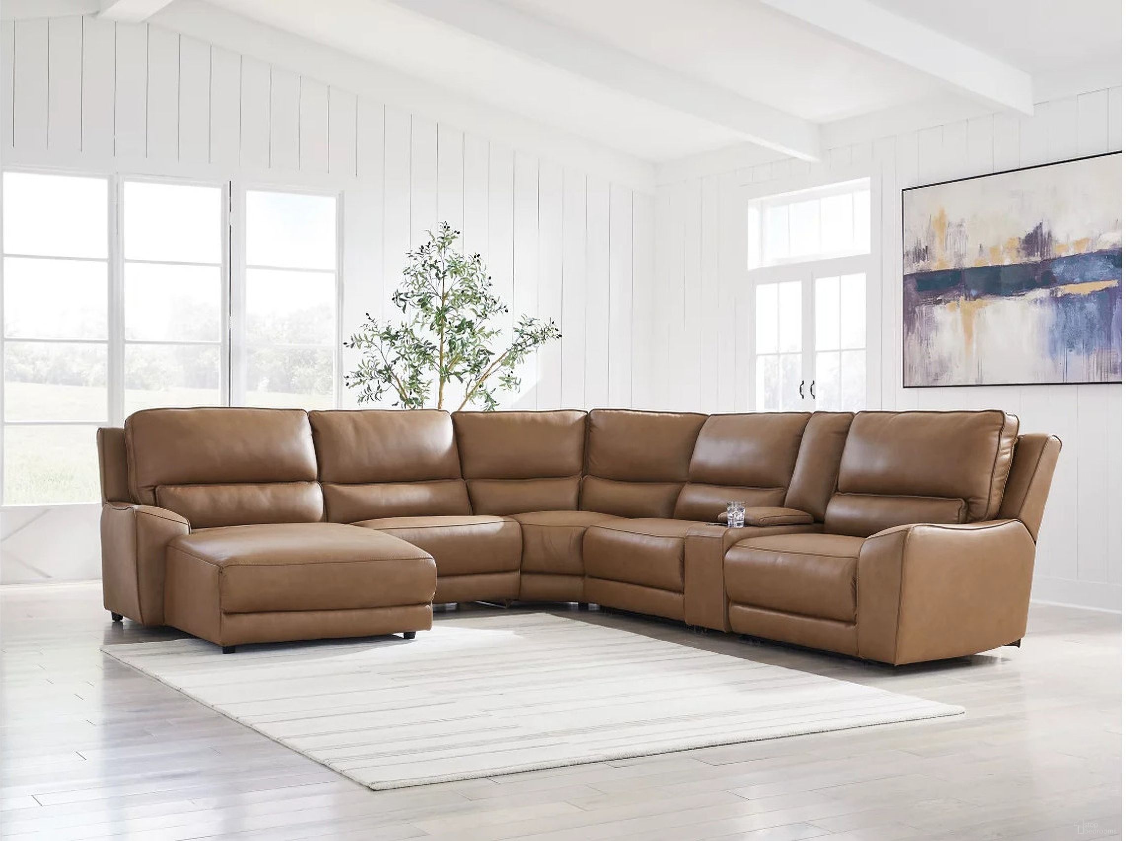 The appearance of Spear Hill 6-Piece LAF Power Reclining Sectional with Chaise In Caramel designed by Signature Design by Ashley in the modern / contemporary interior design. This caramel piece of furniture  was selected by 1StopBedrooms from Spear Hill Collection to add a touch of cosiness and style into your home. Sku: NCU6260631;NCU6260646;NCU6260657;NCU6260662;NCU6260677;NCU6260679. Material: Leather. Orientation: LAF.