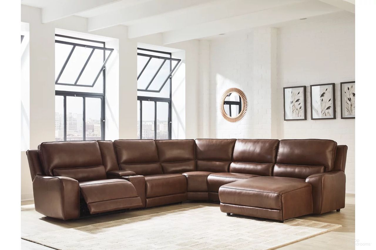 The appearance of Spear Hill 6-Piece Power Reclining Sectional with RAF Chaise In Canyon designed by Signature Design by Ashley in the modern / contemporary interior design. This canyon piece of furniture was selected by 1StopBedrooms from Spear Hill Collection to add a touch of cosiness and style into your home. Sku: NCU6260758;NCU6260731;NCU6260746;NCU6260757;NCU6260777;NCU6260797. Material: Leather.