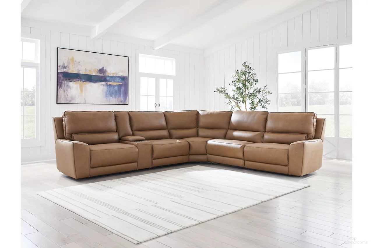The appearance of Spear Hill 6-Piece Reclining Sectional with Storage Console In Caramel designed by Signature Design by Ashley in the modern / contemporary interior design. This caramel piece of furniture  was selected by 1StopBedrooms from Spear Hill Collection to add a touch of cosiness and style into your home. Sku: NCU6260631;NCU6260646;NCU6260657;NCU6260658;NCU6260662;NCU6260677. Material: Leather. Layout: L-Shape.