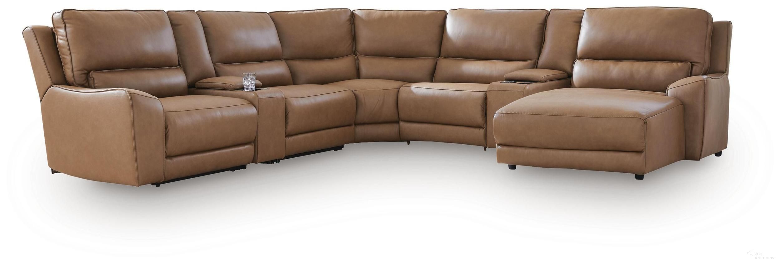 Spear Hill 7-Piece Reclining Sectional with RAF Chaise and Storage Consoles In Caramel