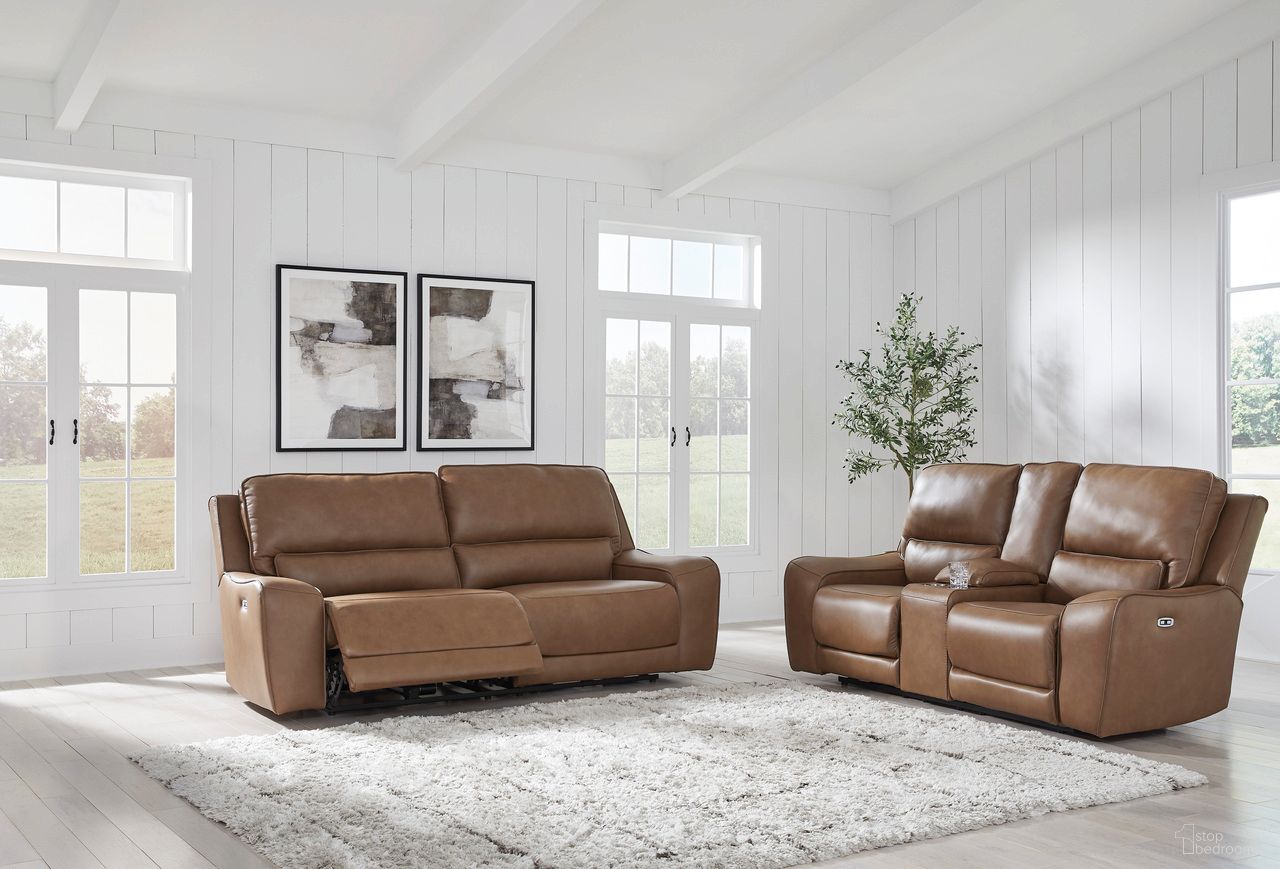 The appearance of Spear Hill Power Reclining Living Room Set In Caramel designed by Signature Design by Ashley in the modern / contemporary interior design. This caramel piece of furniture was selected by 1StopBedrooms from Spear Hill Collection to add a touch of cosiness and style into your home. Sku: NCU6260647;NCU6260618. Material: Leather Match.