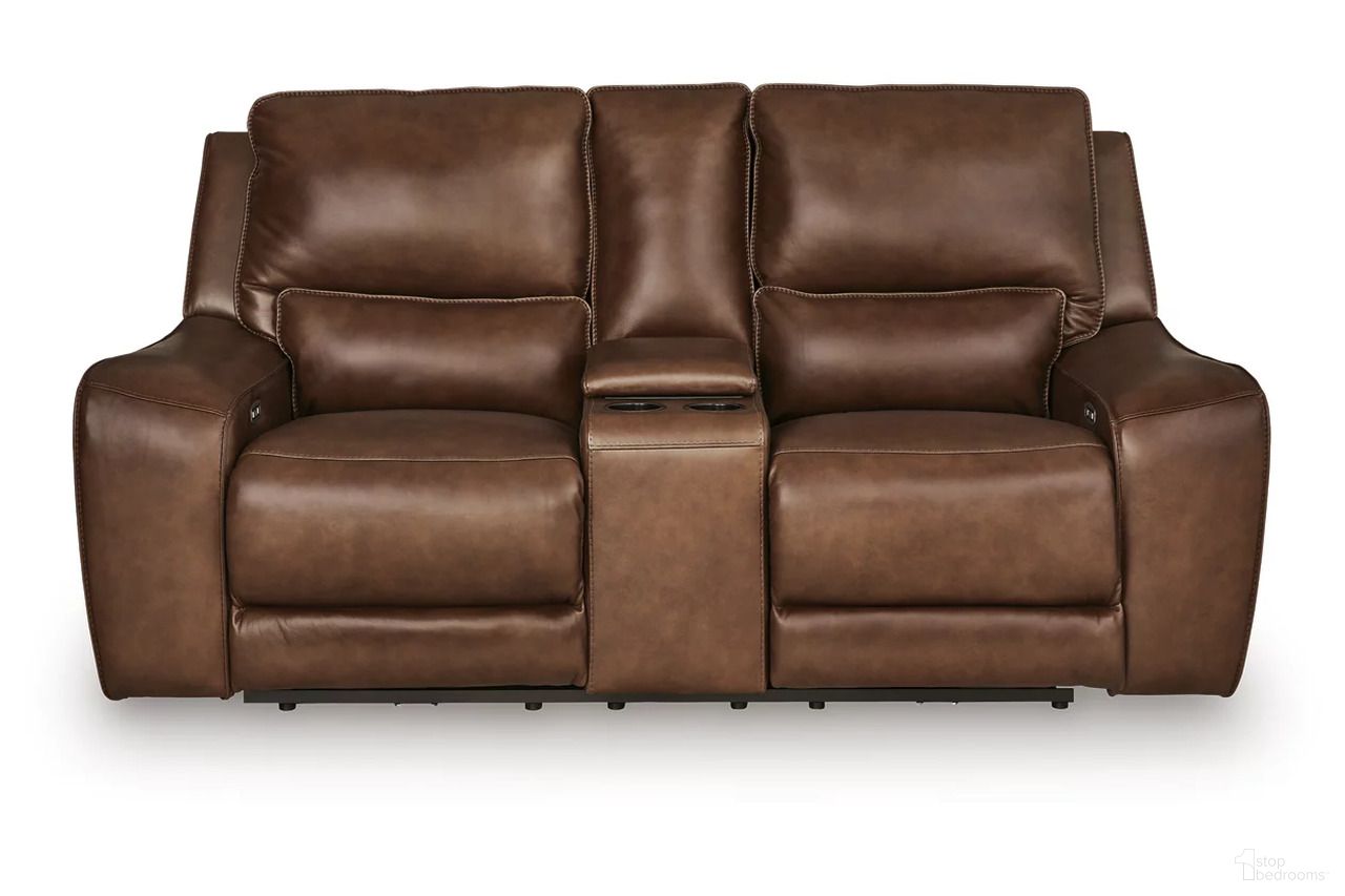 The appearance of Spear Hill Power Reclining Loveseat with Console In Canyon designed by Signature Design by Ashley in the modern / contemporary interior design. This canyon piece of furniture was selected by 1StopBedrooms from Spear Hill Collection to add a touch of cosiness and style into your home. Sku: NCU6260718. Material: Leather Match.