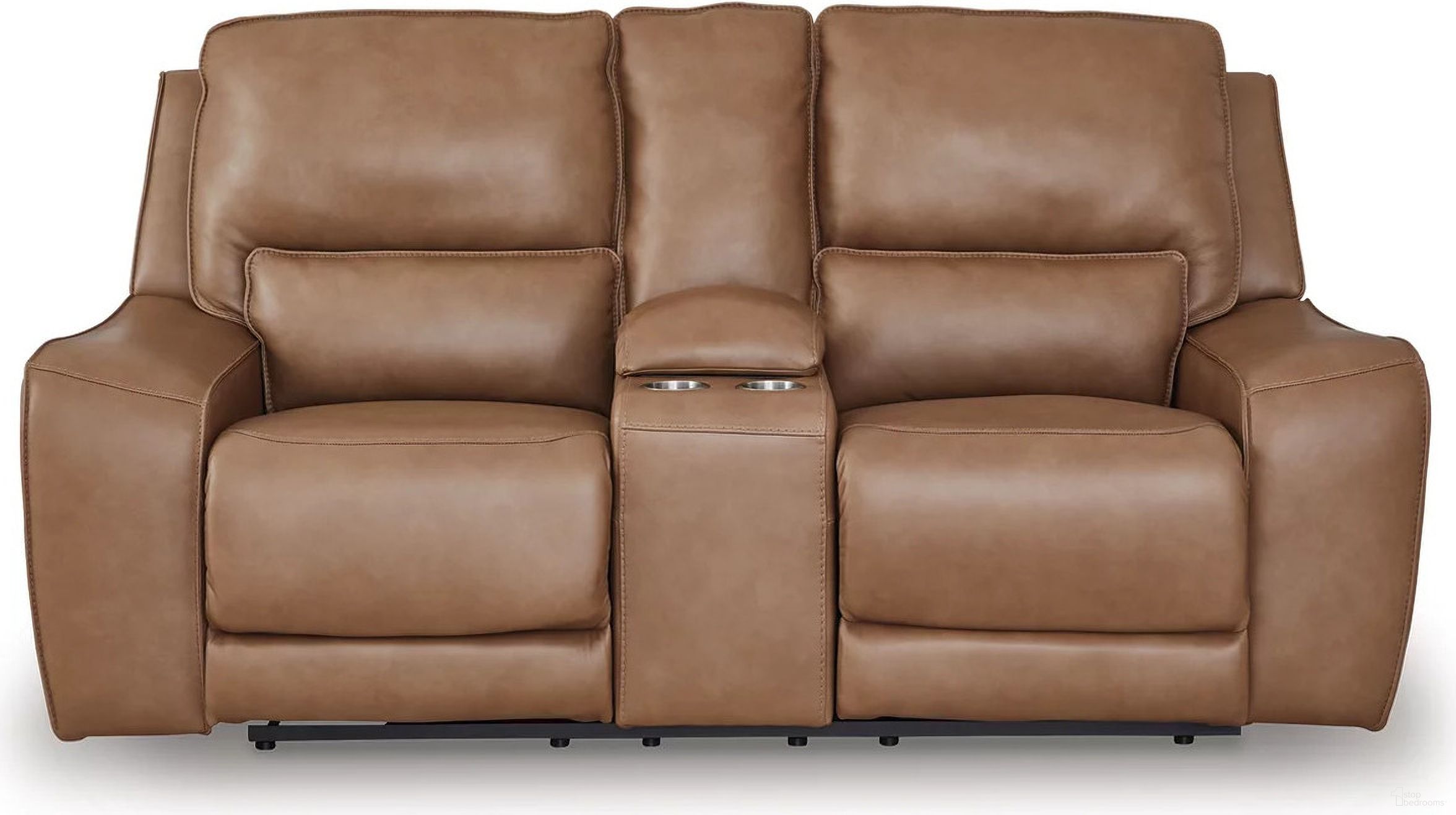 The appearance of Spear Hill Power Reclining Loveseat with Console In Caramel designed by Signature Design by Ashley in the modern / contemporary interior design. This caramel piece of furniture was selected by 1StopBedrooms from Spear Hill Collection to add a touch of cosiness and style into your home. Sku: NCU6260618. Material: Leather Match.