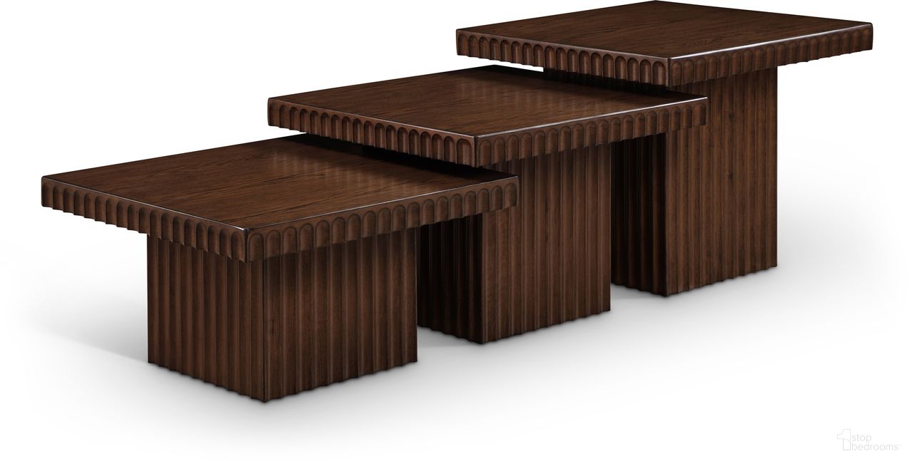 The appearance of Spencer Oak Veneer 3 Piece Coffee Table In Brown designed by Meridian in the modern / contemporary interior design. This brown piece of furniture  was selected by 1StopBedrooms from Spencer Collection to add a touch of cosiness and style into your home. Sku: 253Brown-CT12;253Brown-CT15;253Brown-CT18. Material: Rubberwood.