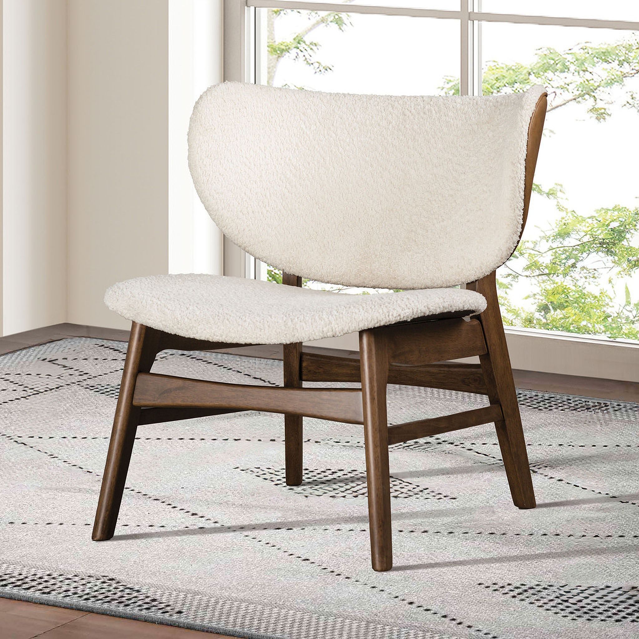 The appearance of Spiez Accent Chair In Walnut and Beige designed by Furniture of America in the modern / contemporary interior design. This walnut and beige piece of furniture  was selected by 1StopBedrooms from Spiez Collection to add a touch of cosiness and style into your home. Sku: FM-AC202WN. Material: Boucle.