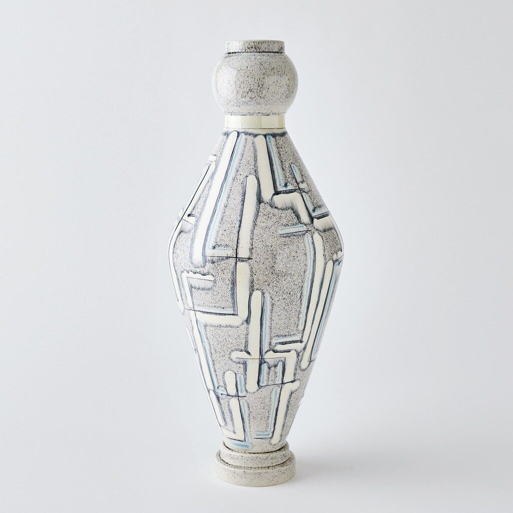 The appearance of Spindle Large Painted Vase In Grey and Blue designed by Global Views in the modern / contemporary interior design. This grey/blue piece of furniture was selected by 1StopBedrooms from Spindle Collection to add a touch of cosiness and style into your home. Sku: 111071. Material: Brass.
