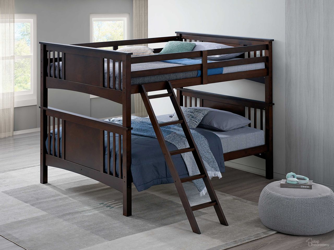 The appearance of Spring Creek Full Over Full Bunk Bed In Dark Walnut designed by Furniture of America in the transitional interior design. This dark walnut piece of furniture was selected by 1StopBedrooms from Spring Creek Collection to add a touch of cosiness and style into your home. Sku: FM-BK602FF-DW-1;FM-BK602FF-DW-2. Bed Type: Bunk Bed. Bed Size: Full Over Full. Material: Solid Hardwood.