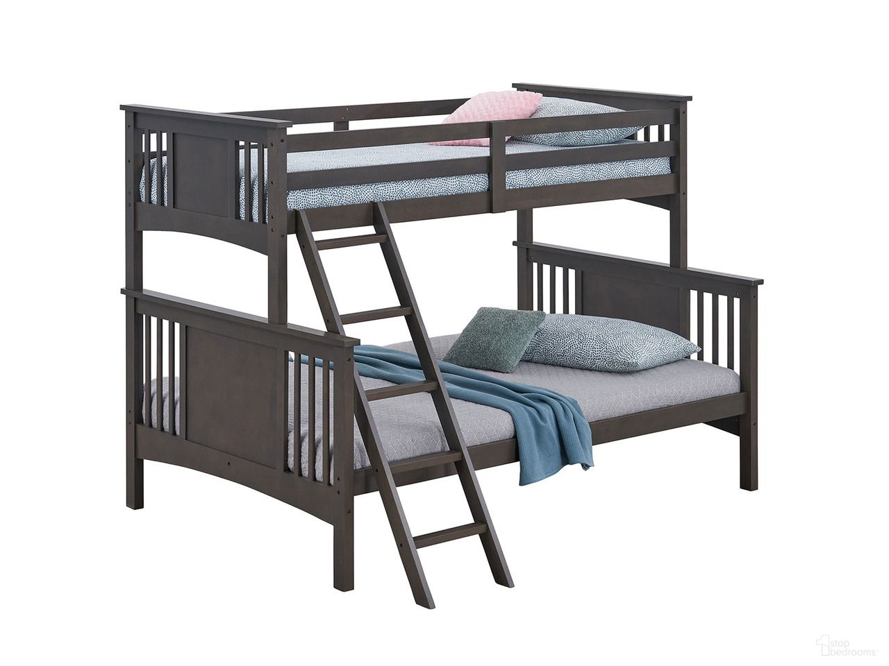 The appearance of Spring Creek Twin Over Full Bunk Bed In Stain Gray designed by Furniture of America in the transitional interior design. This stain gray piece of furniture  was selected by 1StopBedrooms from Spring Creek Collection to add a touch of cosiness and style into your home. Sku: FM-BK602F-GY-1;FM-BK602F-GY-2;FM-BK602F-GY-3. Bed Type: Bunk Bed. Bed Size: Twin Over Full. Material: Solid Hardwood.