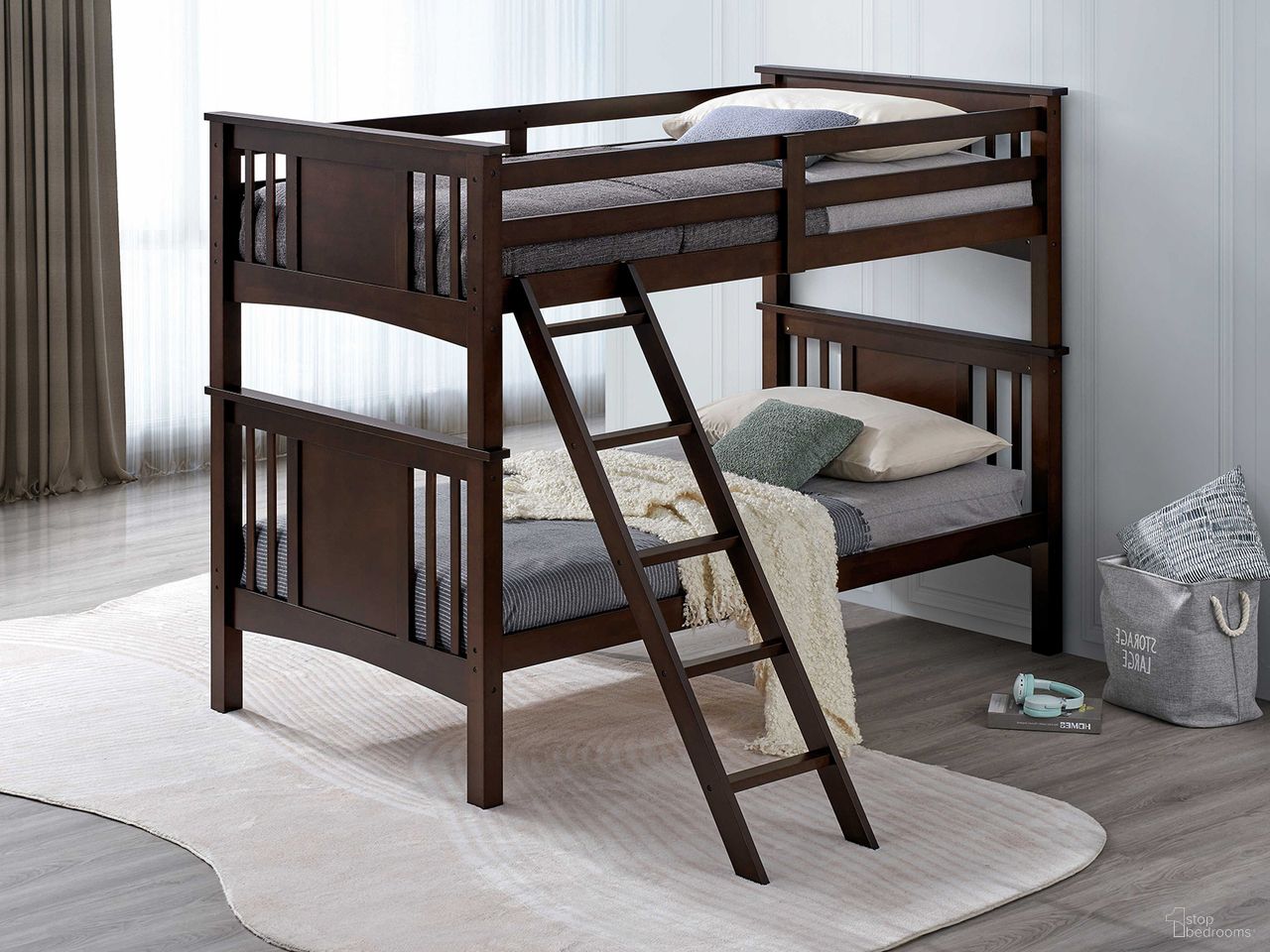 The appearance of Spring Creek Twin Over Twin Bunk Bed In Dark Walnut designed by Furniture of America in the transitional interior design. This dark walnut piece of furniture was selected by 1StopBedrooms from Spring Creek Collection to add a touch of cosiness and style into your home. Sku: FM-BK602TT-DW-1;FM-BK602TT-DW-2. Bed Type: Bunk Bed. Bed Size: Twin Over Twin. Material: Solid Hardwood.