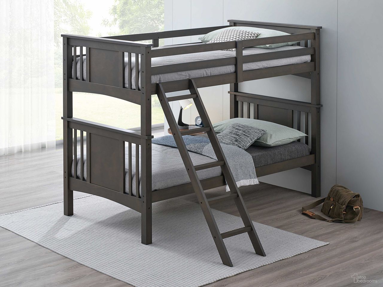 The appearance of Spring Creek Twin Over Twin Bunk Bed In Stain Gray designed by Furniture of America in the transitional interior design. This stain gray piece of furniture was selected by 1StopBedrooms from Spring Creek Collection to add a touch of cosiness and style into your home. Sku: FM-BK602TT-GY-1;FM-BK602TT-GY-2. Bed Type: Bunk Bed. Bed Size: Twin Over Twin. Material: Solid Hardwood.