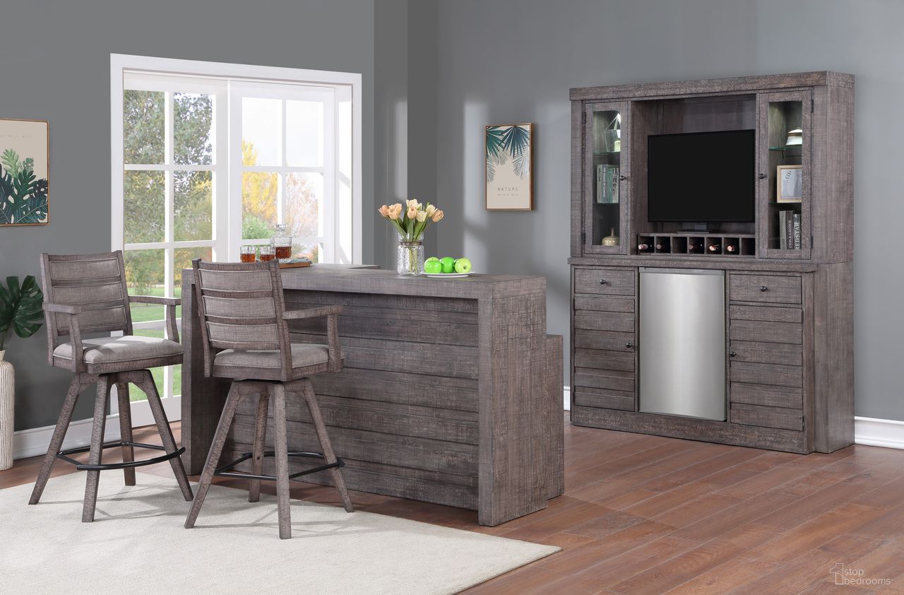 The appearance of Spring Haven Bar Complete In Dark Distressed designed by ECI in the modern / contemporary interior design. This distressed piece of furniture  was selected by 1StopBedrooms from Spring Haven Collection to add a touch of cosiness and style into your home. Sku: 1378-40-B;1378-40-BSA. Material: Solid Hardwood & Veneers.