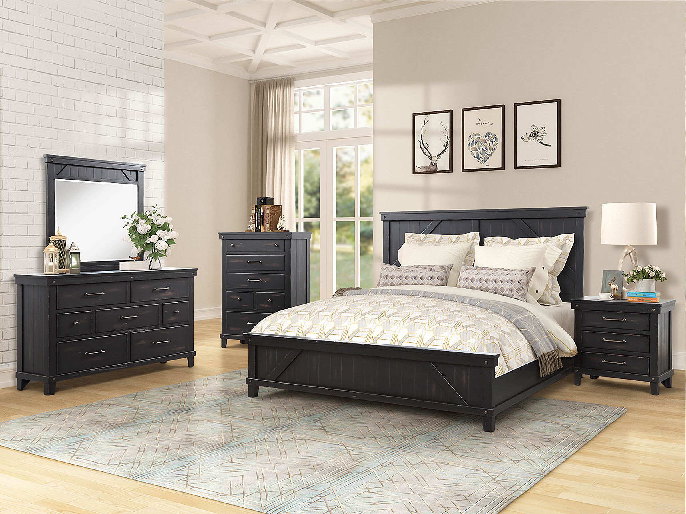 The appearance of Spruce Creek Black Panel Bedroom Set designed by Bernell in the transitional interior design. This black piece of furniture was selected by 1StopBedrooms from Spruce Collection to add a touch of cosiness and style into your home. Sku: 1708-105;1708-120. Bed Type: Panel Bed. Bed Size: Queen. Material: Solid Pine.