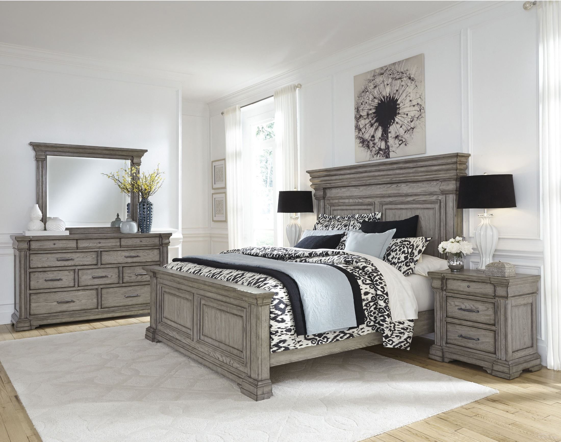 The appearance of Madison Ridge Soft Grey Panel Bedroom Set designed by Pulaski in the traditional interior design. This gray piece of furniture  was selected by 1StopBedrooms from Madison Ridge Collection to add a touch of cosiness and style into your home. Sku: P091170-71-72-ROOM. Bed Type: Panel Bed. Material: Wood. Bed Size: Queen.
