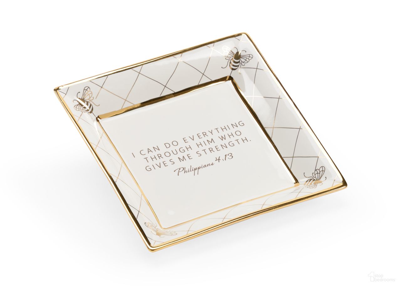 The appearance of Square Bee Verse Plate In Cream and Gold designed by Chelsea House in the modern / contemporary interior design. This cream/gold piece of furniture  was selected by 1StopBedrooms from Shayla Copas Collection to add a touch of cosiness and style into your home. Sku: 384934. Material: Ceramic.