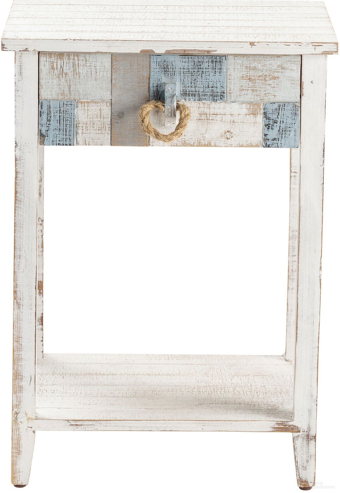 The appearance of Square Fir Wood 1 Drawer End Table In Blue and White designed by Crestview Collection in the coastal interior design. This blue/white piece of furniture  was selected by 1StopBedrooms from  to add a touch of cosiness and style into your home. Sku: CVFZR3561. Material: Solid Wood.