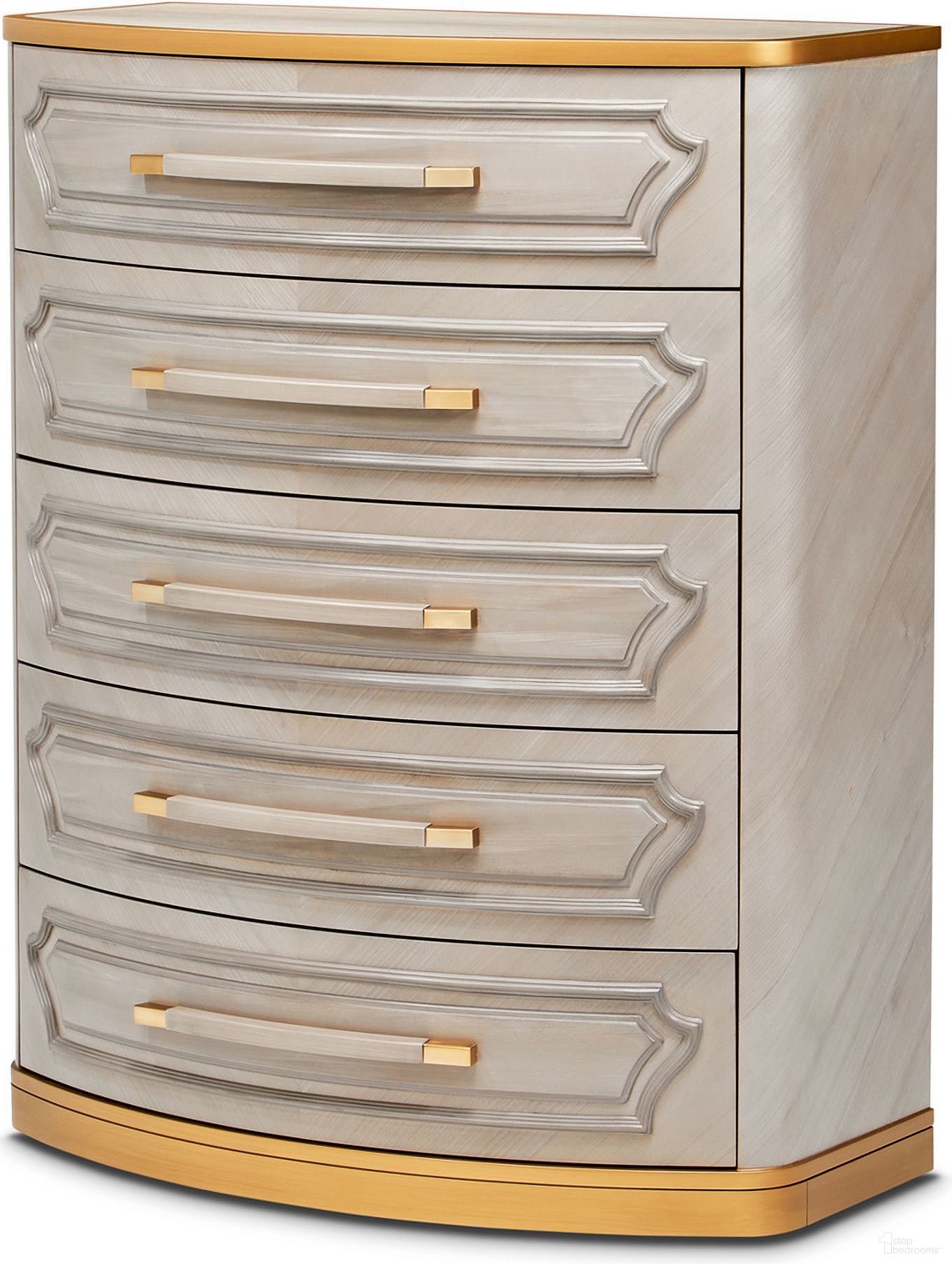 The appearance of St. Charles 5-Drawer Highboy Chest In Dove Gray designed by Michael Amini in the transitional interior design. This dove gray piece of furniture was selected by 1StopBedrooms from St. Charles Collection to add a touch of cosiness and style into your home. Sku: 9088070SA-803. Material: Poplar Solid.