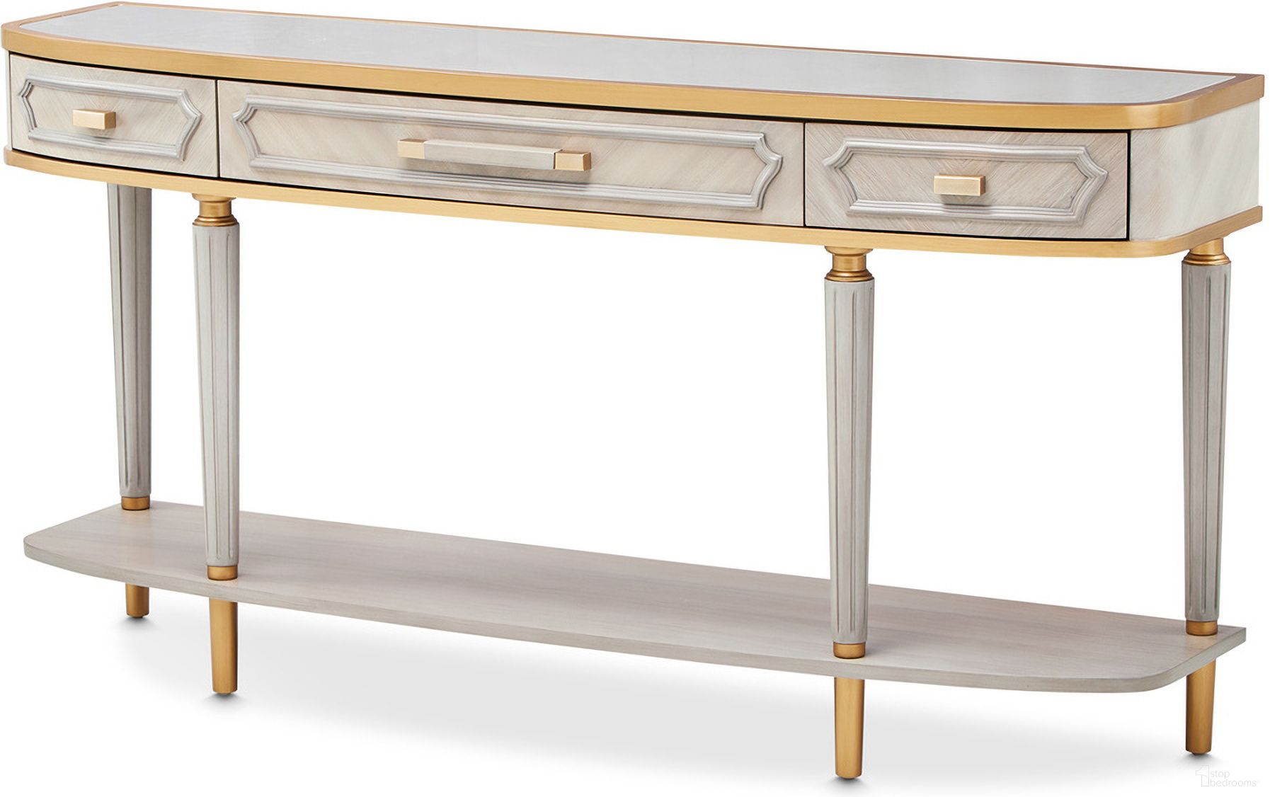 The appearance of St. Charles Console Table In Dove Gray designed by Michael Amini in the transitional interior design. This dove gray piece of furniture  was selected by 1StopBedrooms from St. Charles Collection to add a touch of cosiness and style into your home. Sku: 9088223-803. Material: Poplar Solid.