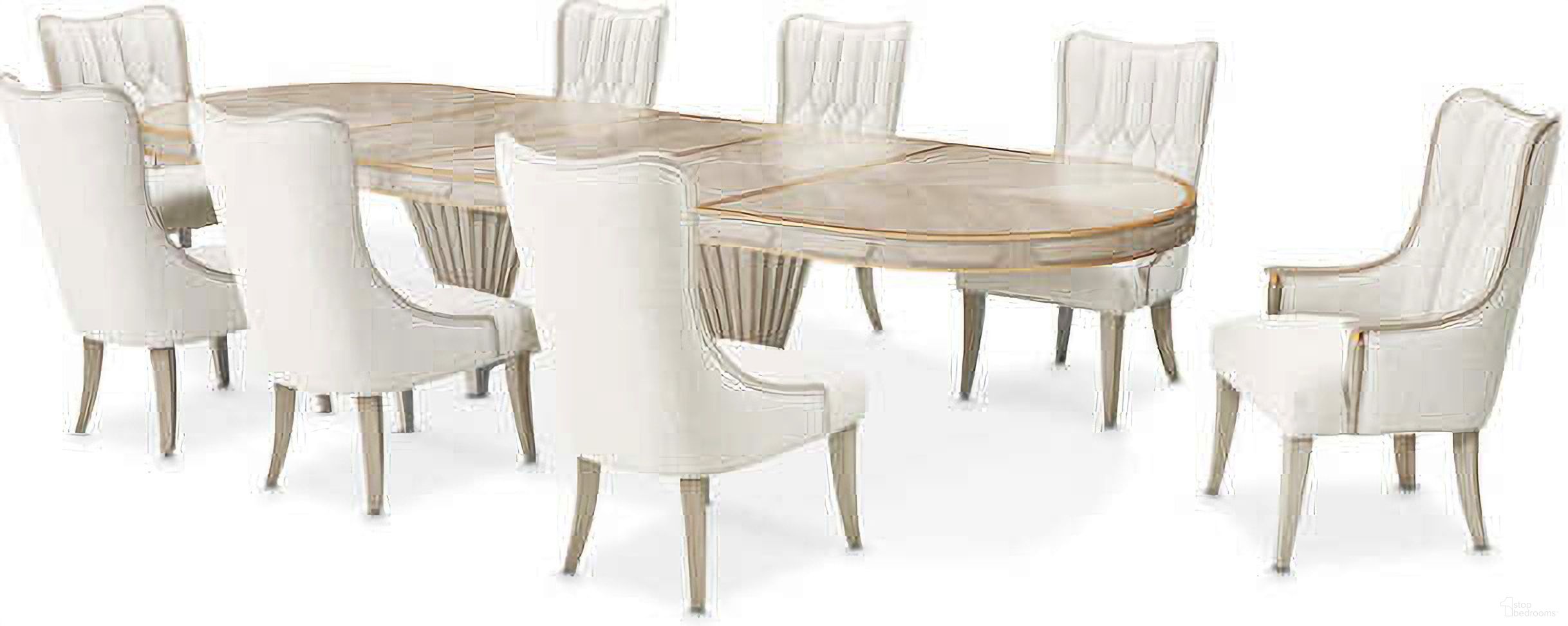 The appearance of St. Charles Double Pedestal Dining Room Set In Dove Gray designed by Michael Amini in the transitional interior design. This dove gray piece of furniture was selected by 1StopBedrooms from St. Charles Collection to add a touch of cosiness and style into your home. Sku: 9088002T-803;9088002B-803;9088003-803;9088003-803. Table Base Style: Double Pedestal. Material: Poplar Solid.