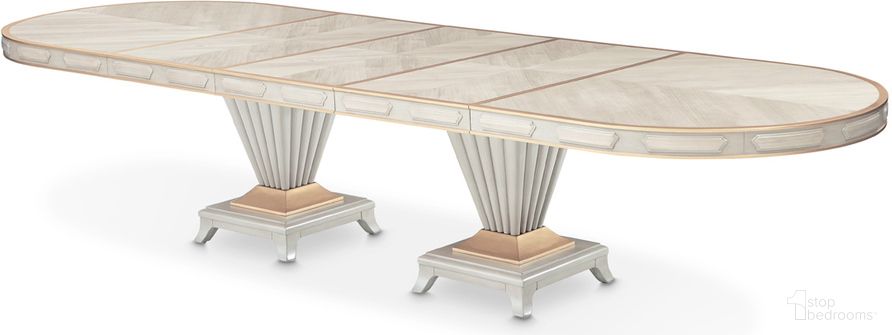 The appearance of St. Charles Double Pedestal Dining Table In Dove Gray designed by Michael Amini in the transitional interior design. This dove gray piece of furniture was selected by 1StopBedrooms from St. Charles Collection to add a touch of cosiness and style into your home. Sku: 9088002T-803;9088002B-803. Table Base Style: Double Pedestal. Table Top Shape: Oval. Material: Poplar Solid. Size: 46" x 79".