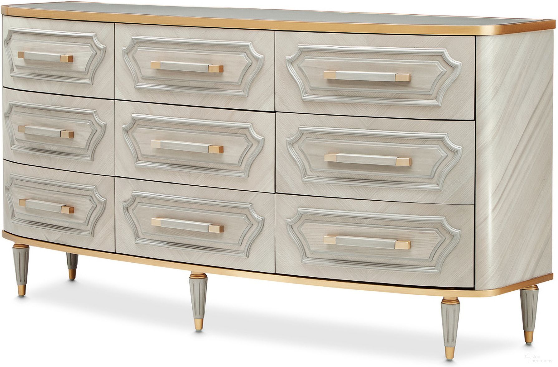 The appearance of St. Charles Dresser In Dove Gray designed by Michael Amini in the transitional interior design. This dove gray piece of furniture was selected by 1StopBedrooms from St. Charles Collection to add a touch of cosiness and style into your home. Sku: 9088050SA-803. Material: Poplar Solid.