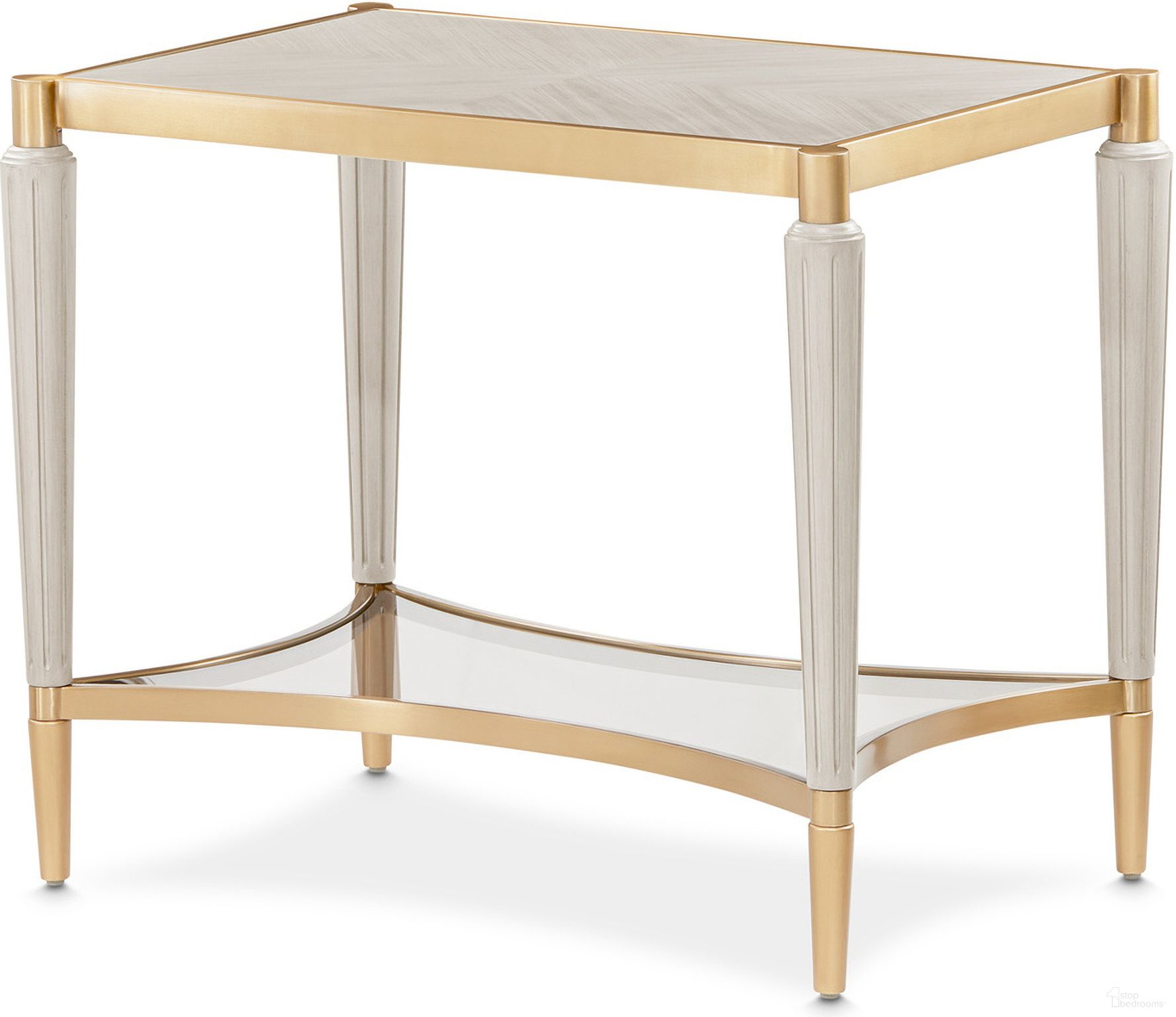 The appearance of St. Charles End Table In Dove Gray designed by Michael Amini in the transitional interior design. This dove gray piece of furniture  was selected by 1StopBedrooms from St. Charles Collection to add a touch of cosiness and style into your home. Sku: 9088202-803. Material: Poplar Solid.