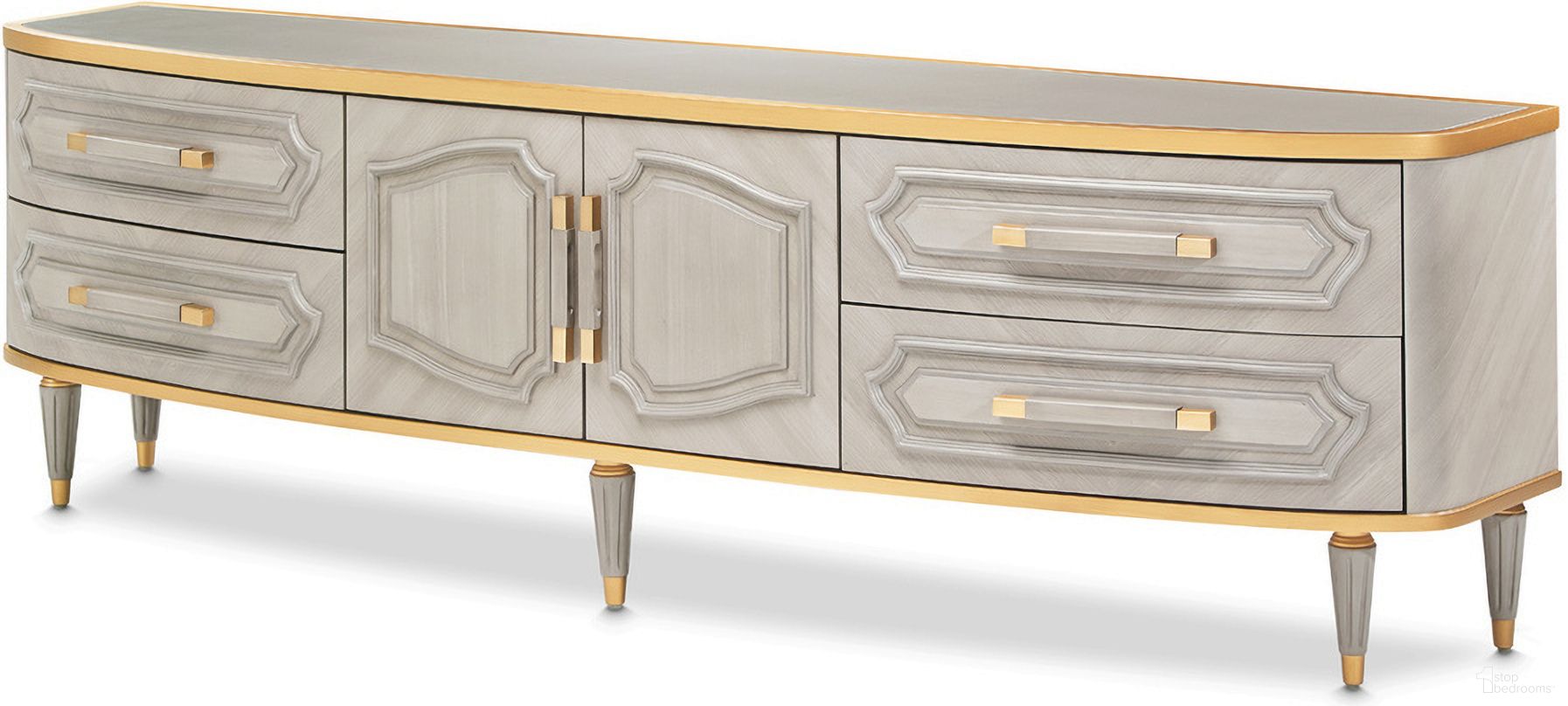 The appearance of St. Charles Media Cabinet In Dove Gray designed by Michael Amini in the transitional interior design. This dove gray piece of furniture was selected by 1StopBedrooms from St. Charles Collection to add a touch of cosiness and style into your home. Sku: 9088081-803. Material: Poplar Solid.