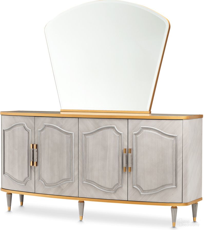 The appearance of St. Charles Sideboard and Mirror In Dove Gray designed by Michael Amini in the transitional interior design. This dove gray piece of furniture was selected by 1StopBedrooms from St. Charles Collection to add a touch of cosiness and style into your home. Sku: 9088007-803;9088260-803. Material: Poplar Solid.