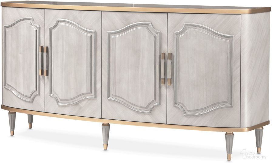 The appearance of St. Charles Sideboard In Dove Gray designed by Michael Amini in the transitional interior design. This dove gray piece of furniture was selected by 1StopBedrooms from St. Charles Collection to add a touch of cosiness and style into your home. Sku: 9088007-803. Material: Poplar Solid.