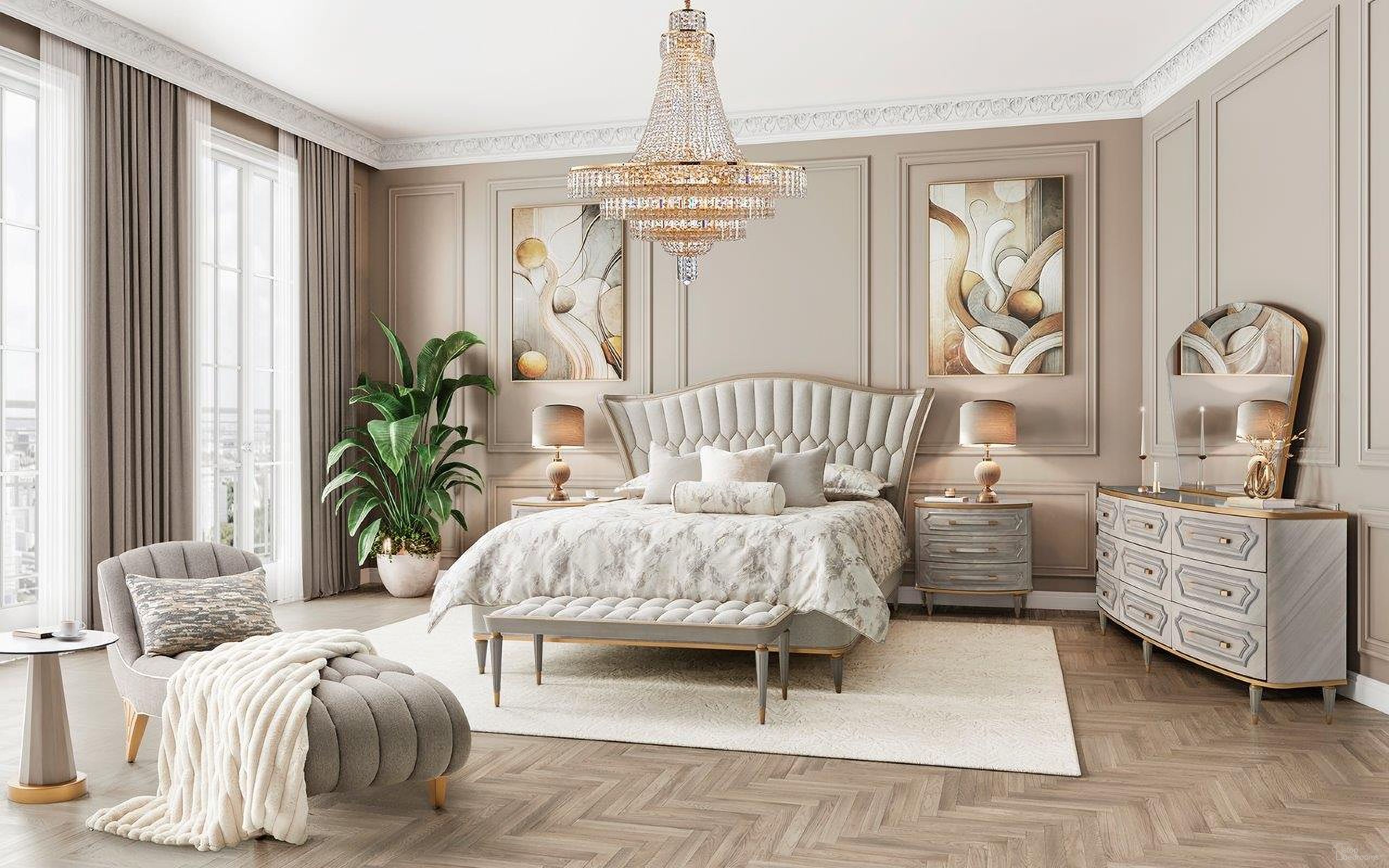 The appearance of St. Charles Upholstered Bedroom Set In Dove Gray designed by Michael Amini in the transitional interior design. This dove gray piece of furniture was selected by 1StopBedrooms from St. Charles Collection to add a touch of cosiness and style into your home. Sku: 9088012-803;9088132-803;9000238-00;9088040-803. Bed Size: Queen. Material: Poplar Solid. Bed Type: Upholstered Bed.
