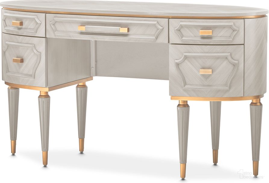 The appearance of St. Charles Vanity Desk In Dove Gray designed by Michael Amini in the transitional interior design. This dove gray piece of furniture was selected by 1StopBedrooms from St. Charles Collection to add a touch of cosiness and style into your home. Sku: 9088058-803. Material: Poplar Solid.