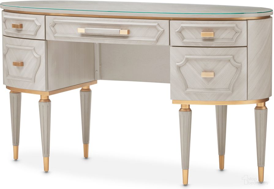 The appearance of St. Charles Vanity Desk with Glass Top In Dove Gray designed by Michael Amini in the transitional interior design. This dove gray piece of furniture was selected by 1StopBedrooms from St. Charles Collection to add a touch of cosiness and style into your home. Sku: 9088058-803;9088158-000. Material: Poplar Solid.