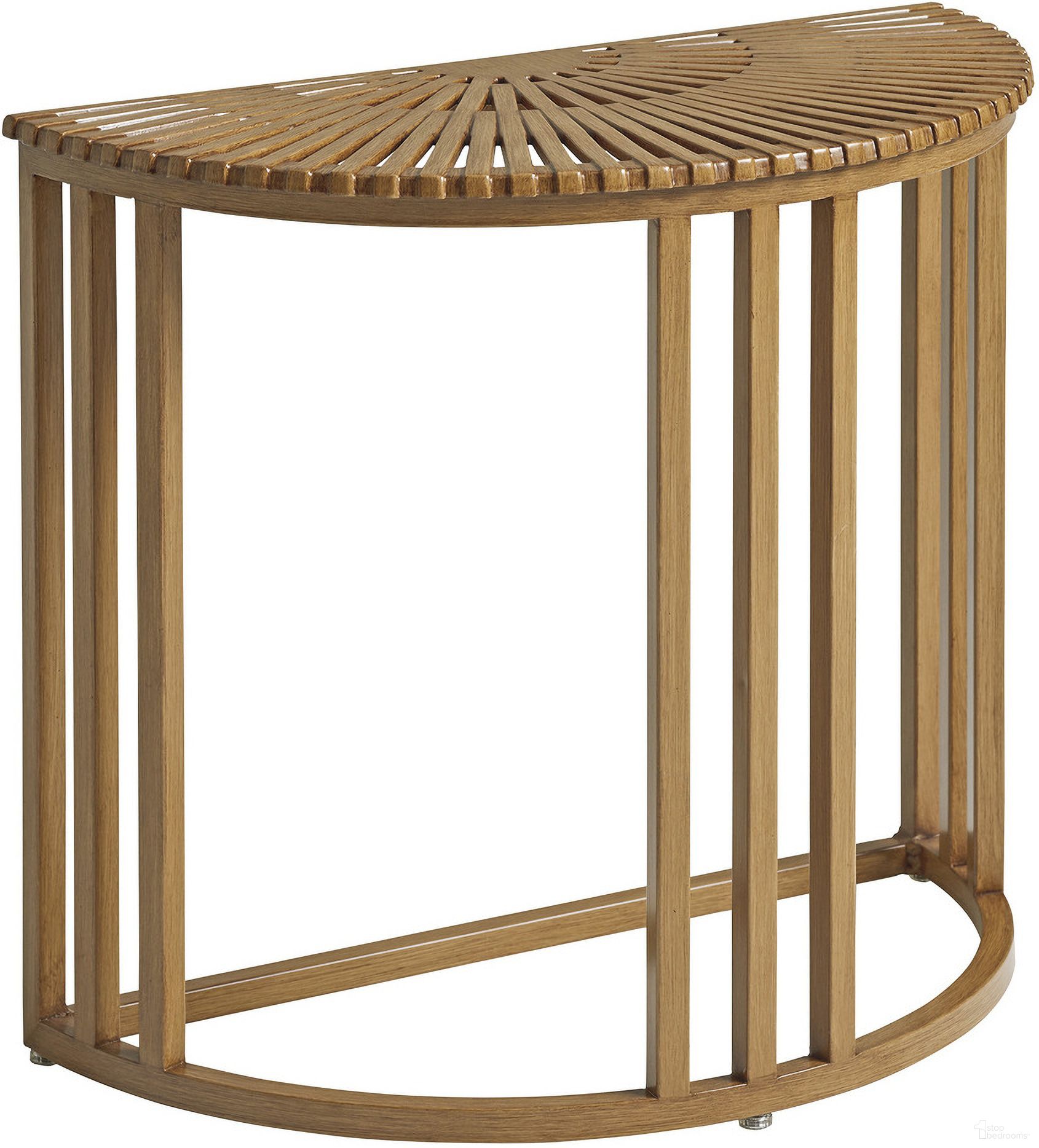 The appearance of St Tropez Demilune End Table In Medium Brown designed by Tommy Bahama in the modern / contemporary interior design. This medium brown piece of furniture was selected by 1StopBedrooms from St Tropez Collection to add a touch of cosiness and style into your home. Sku: 3925-950. Material: Aluminum.