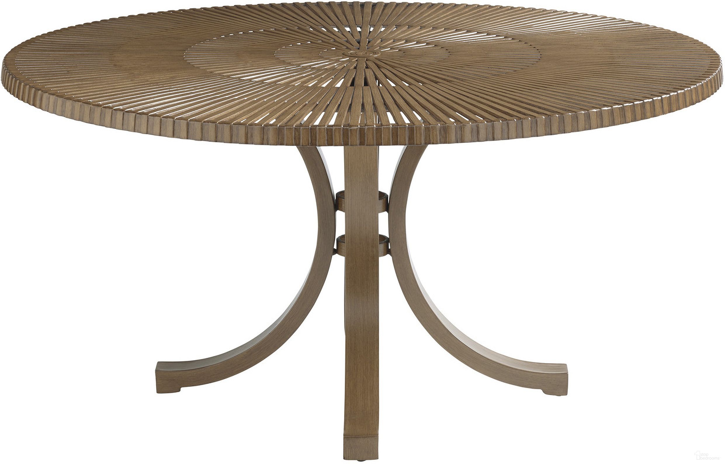 The appearance of St Tropez Round Dining Table In Medium Brown designed by Tommy Bahama in the modern / contemporary interior design. This medium brown piece of furniture was selected by 1StopBedrooms from St Tropez Collection to add a touch of cosiness and style into your home. Sku: 3925-875C. Table Base Style: Pedestal. Table Top Shape: Round. Material: Aluminum. Size: 60".