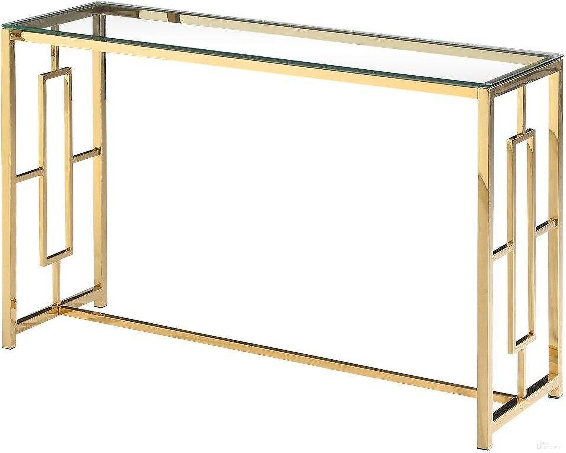The appearance of Stainless Steel And Glass Console Table In Clear And Gold Base designed by Best Master Furniture in the modern / contemporary interior design. This clear gold piece of furniture  was selected by 1StopBedrooms from  to add a touch of cosiness and style into your home. Sku: E24. Material: Glass.