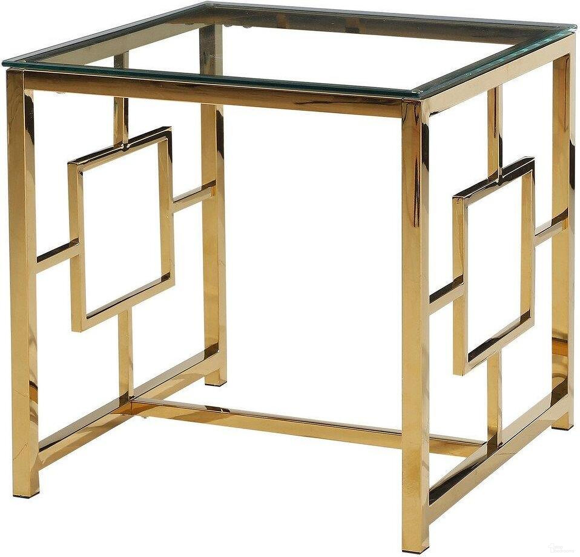 The appearance of Stainless Steel And Glass End Table In Clear And Gold Base designed by Best Master Furniture in the modern / contemporary interior design. This clear gold piece of furniture  was selected by 1StopBedrooms from  to add a touch of cosiness and style into your home. Sku: E20. Material: Glass.