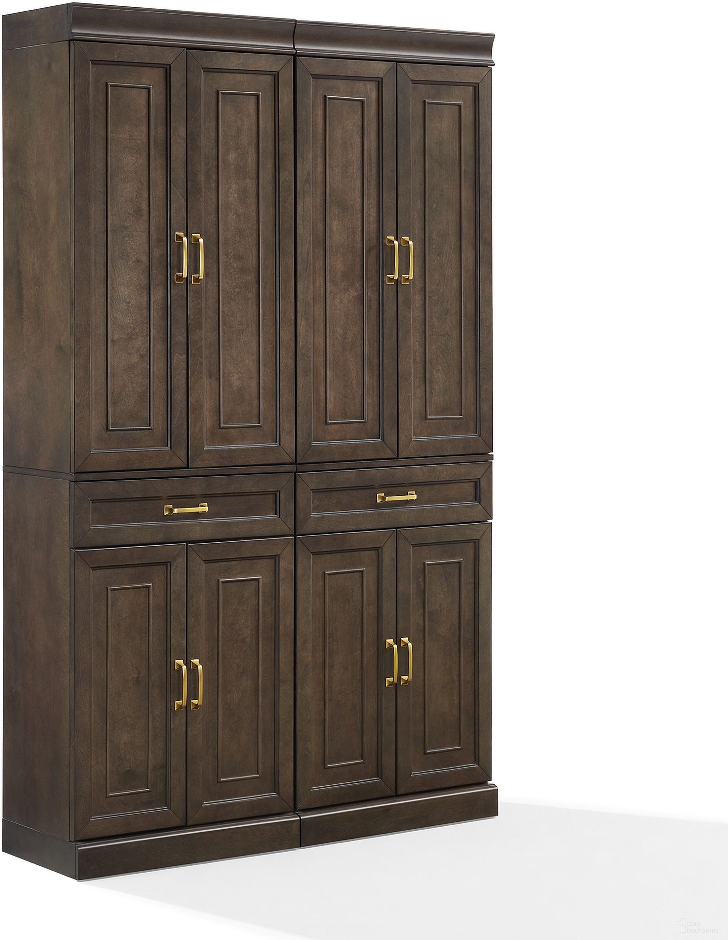 The appearance of Stanton 2-Piece Kitchen Storage Pantry Cabinet Set In Coffee designed by Crosley Brands in the traditional interior design. This coffee piece of furniture was selected by 1StopBedrooms from Stanton Collection to add a touch of cosiness and style into your home. Sku: CF3120-CO;CF3120-CO;CF3121-CO;CF3121-CO. Material: Particle Board.