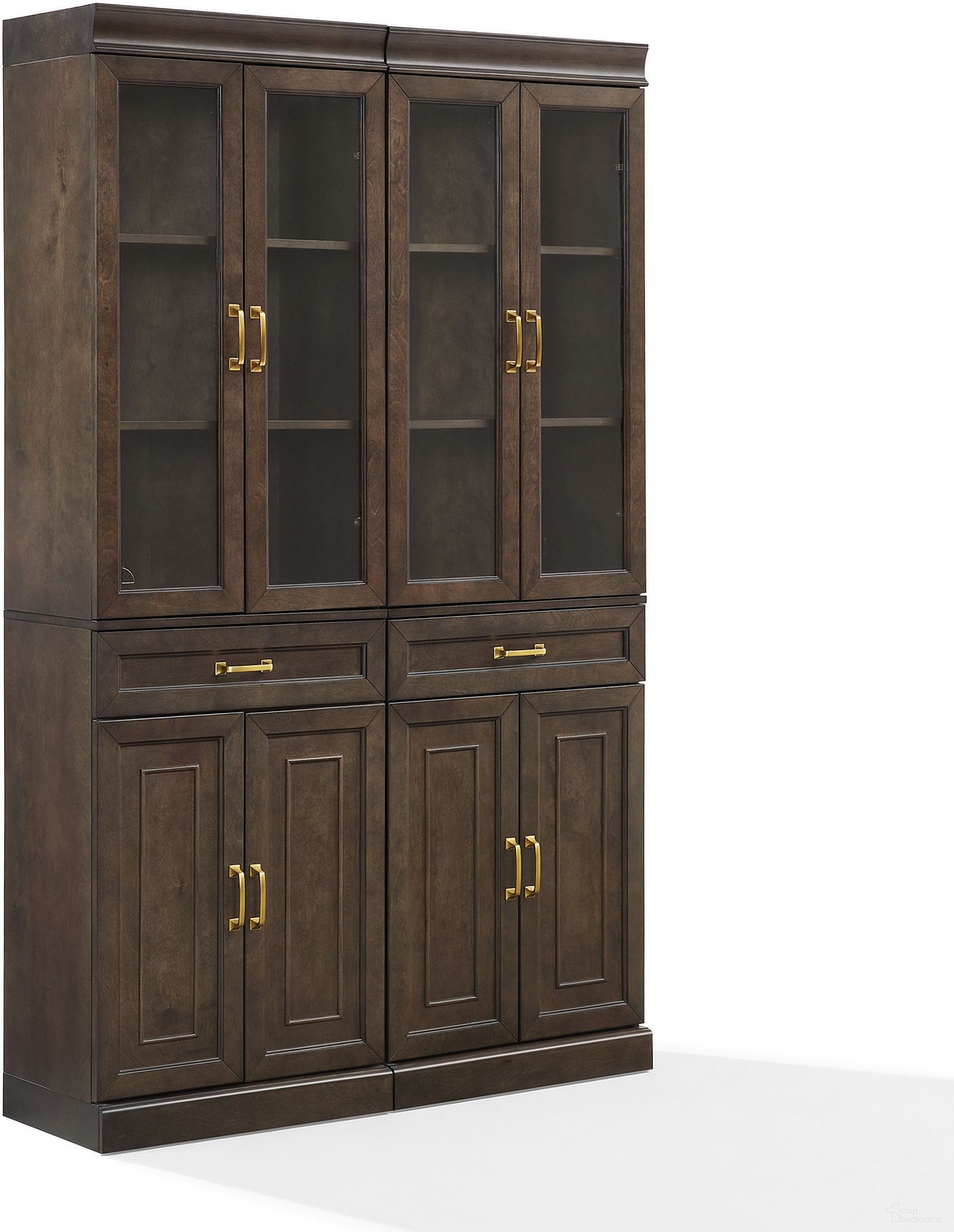 The appearance of Stanton 2 Piece Glass Door Kitchen Storage Pantry Cabinet Set In Coffee designed by Crosley Brands in the traditional interior design. This coffee piece of furniture was selected by 1StopBedrooms from Stanton Collection to add a touch of cosiness and style into your home. Sku: CF3123-CO;CF3123-CO;CF3121-CO;CF3121-CO. Material: Particle Board.